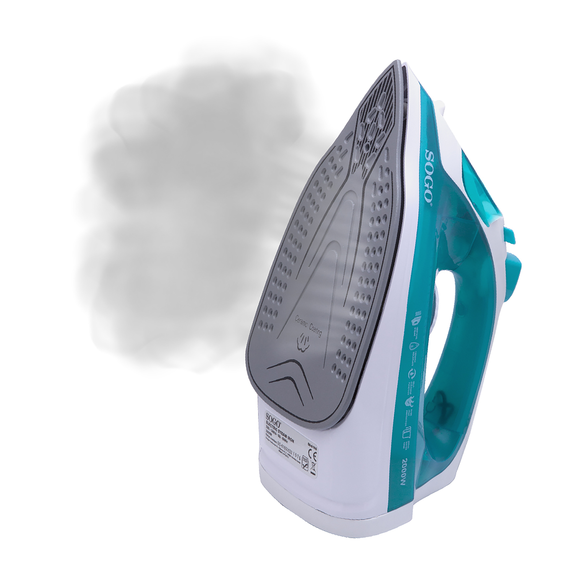 Una plancha SOGO blanca y verde azulado con vapor saliendo, sobre un fondo blanco. La plancha tiene un revestimiento cerámico gris.
