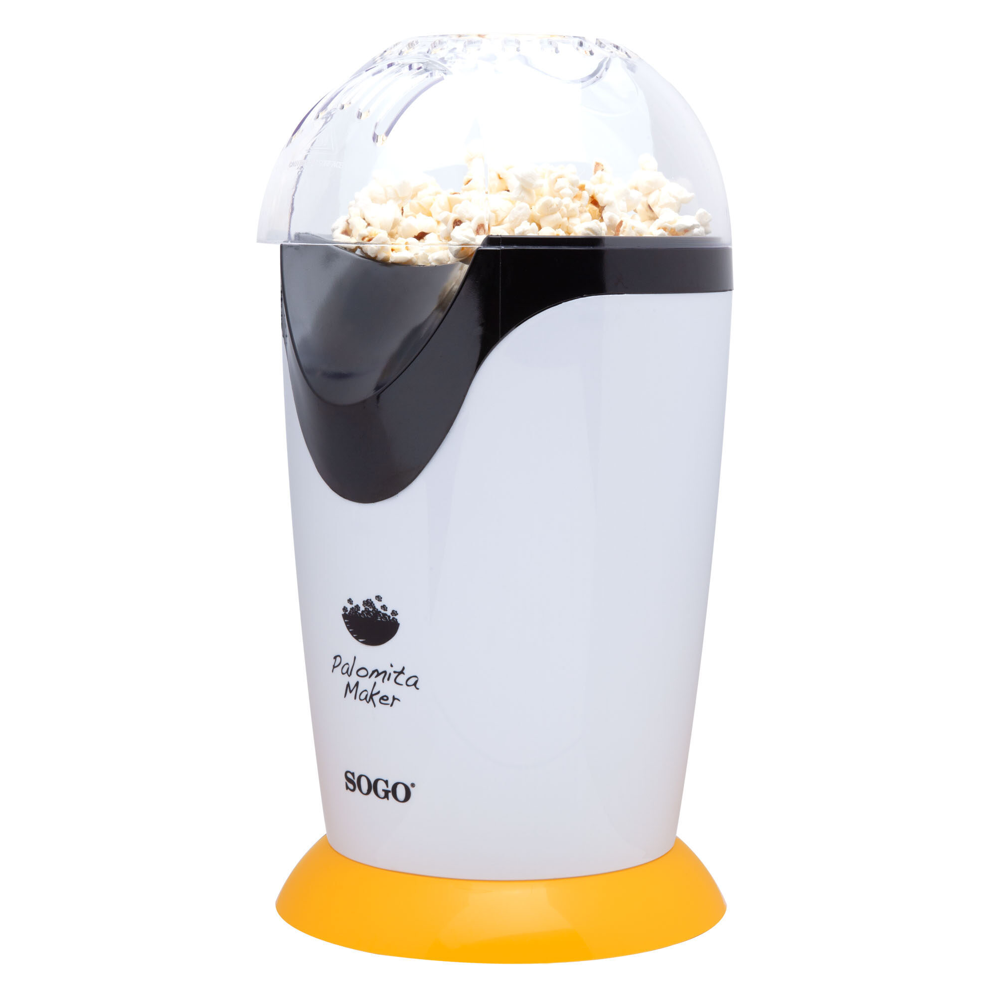 Una macchina per popcorn bianca con un coperchio trasparente pieno di popcorn. Ha una base gialla e dettagli neri.