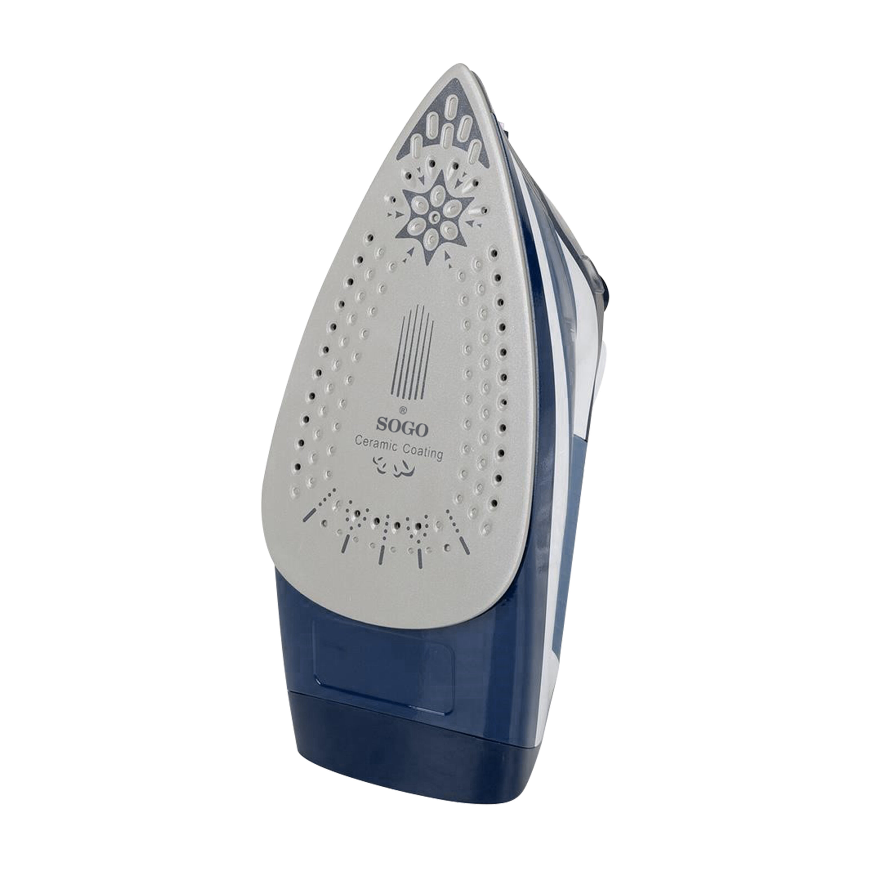 Una plancha azul y gris, marca SOGO, sobre fondo blanco. Tiene revestimiento cerámico y forma triangular.