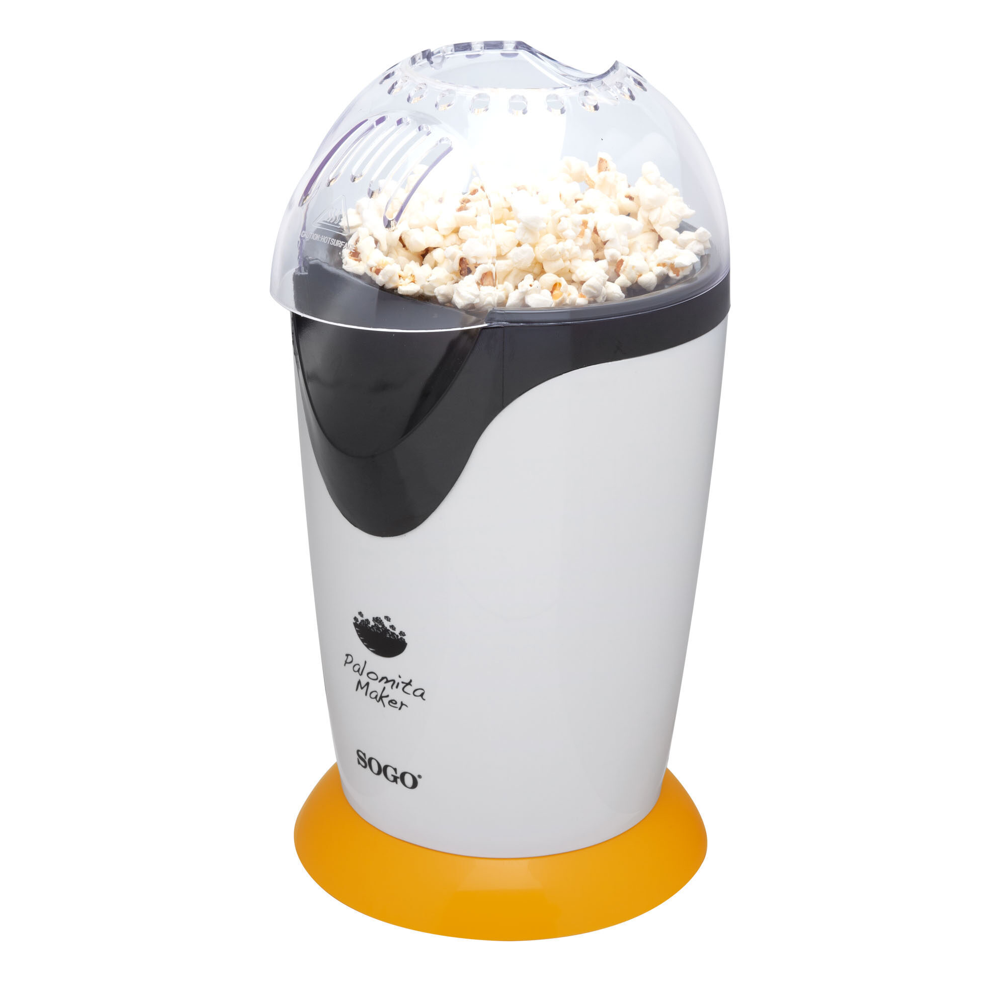 Una macchina per popcorn SOGO bianca e nera con base gialla, piena di popcorn, coperchio trasparente.