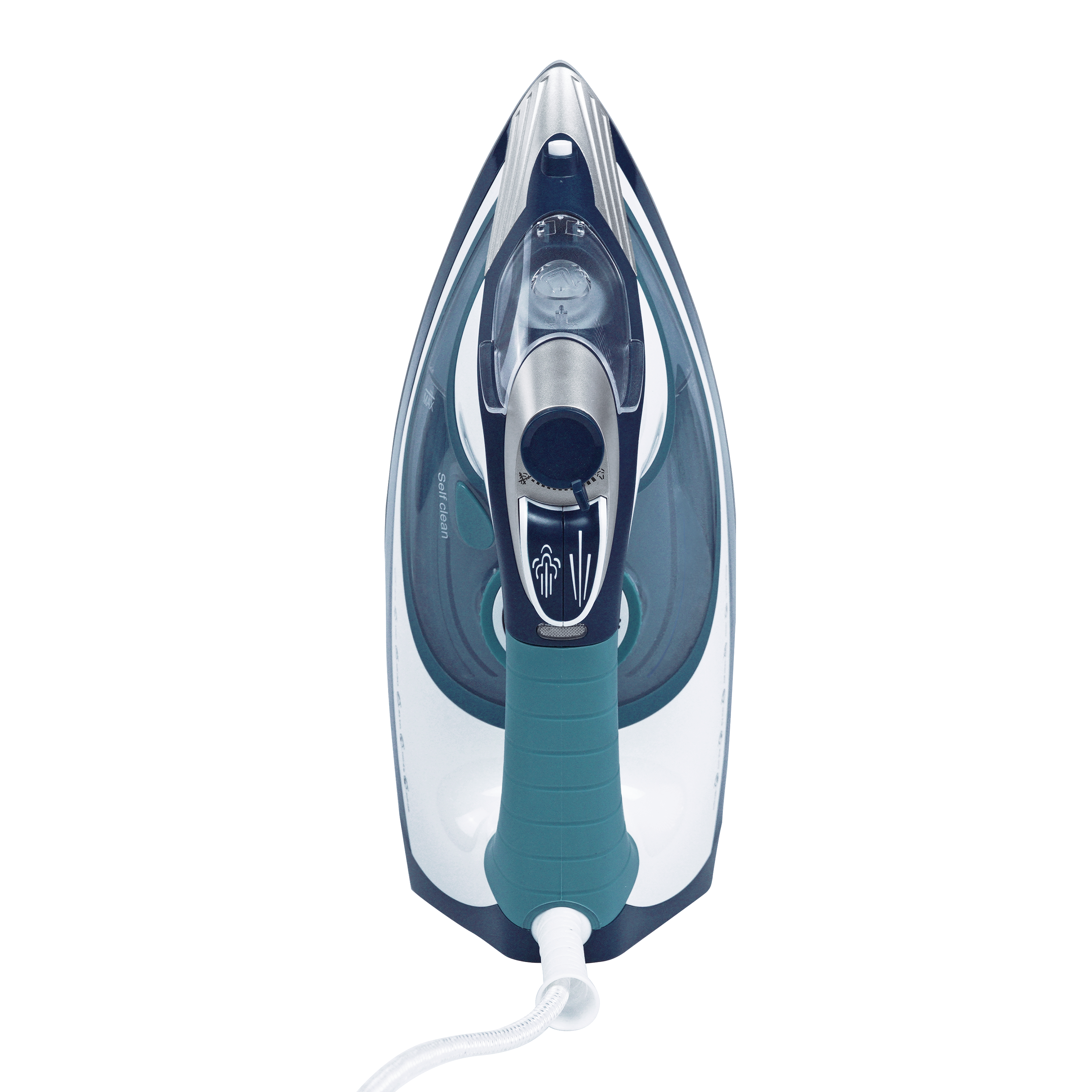 Una plancha de vapor, blanca y verde azulado, sobre un fondo negro. El cable es blanco.