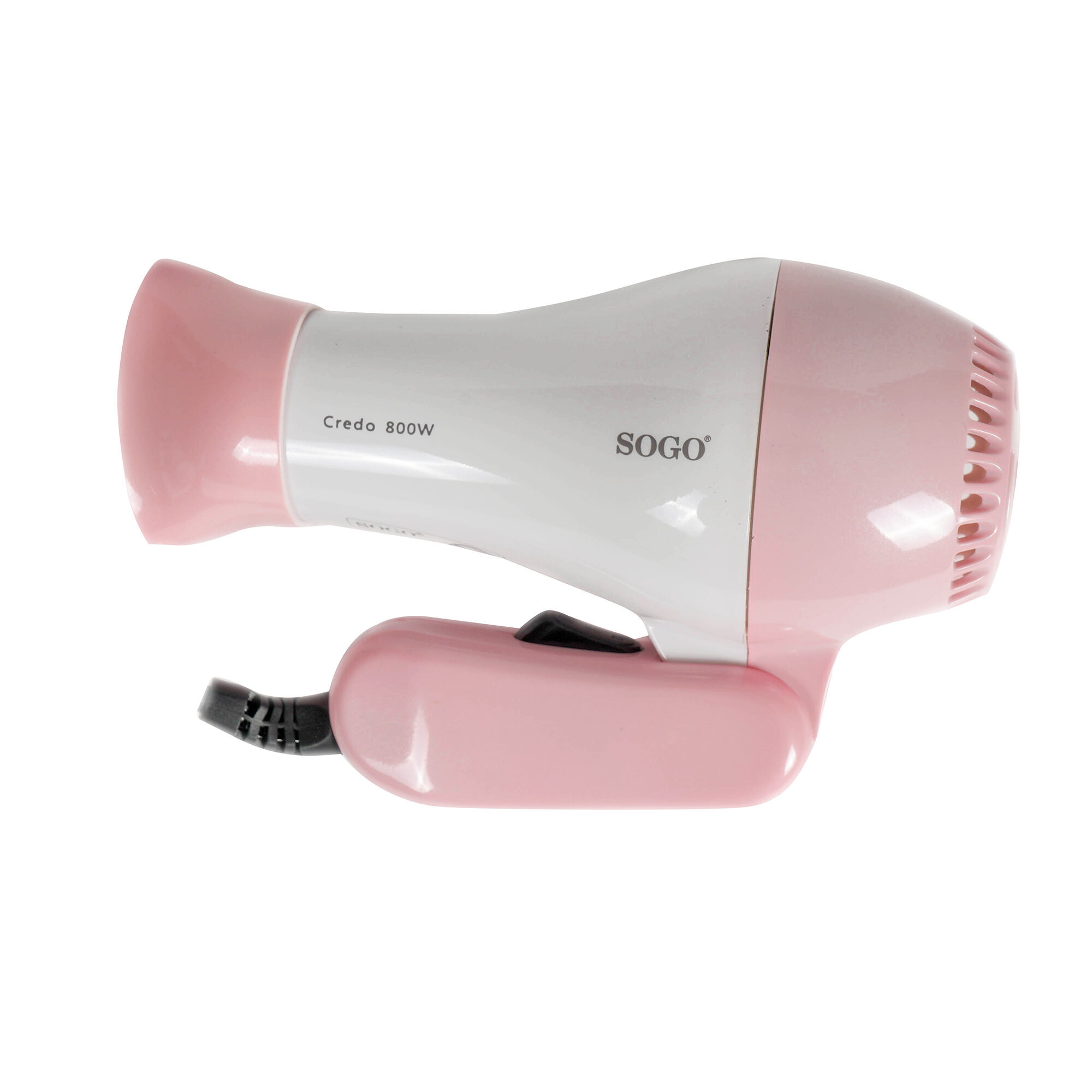 Un asciugacapelli SOGO rosa e bianco su sfondo bianco. Ha un cavo di alimentazione nero e un interruttore.
