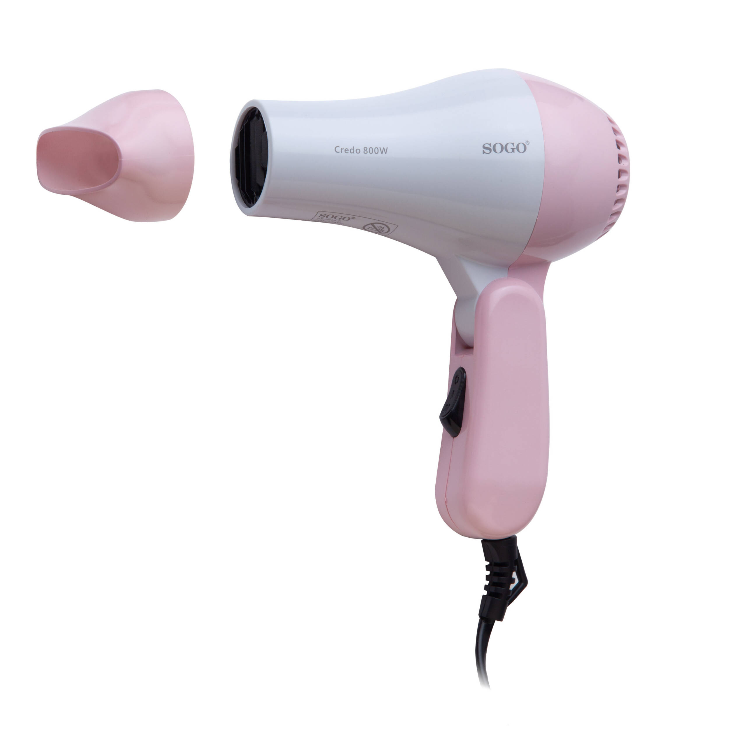 Asciugacapelli SOGO rosa e bianco con accessorio, cavo e interruttore, isolato su sfondo bianco.