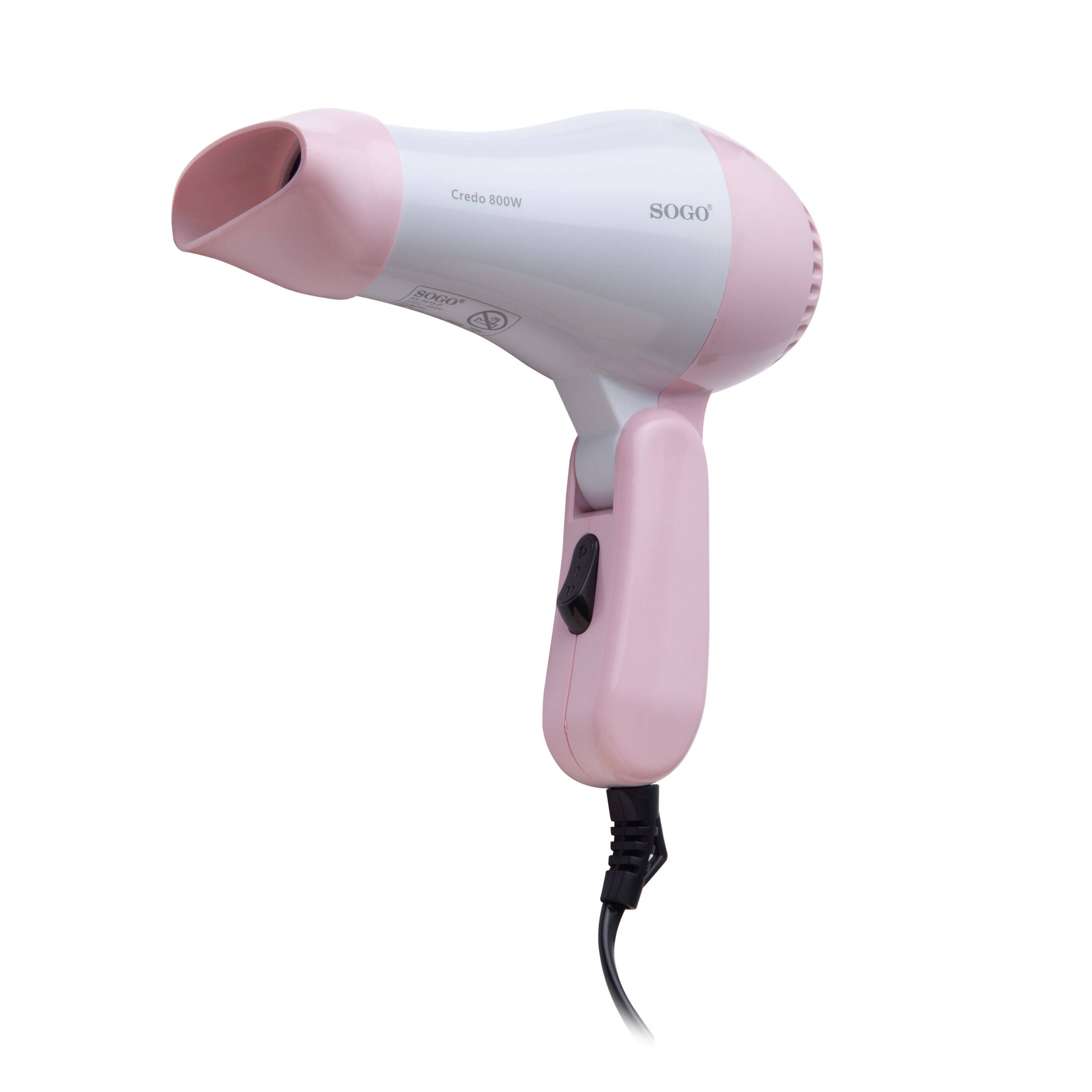 Un asciugacapelli SOGO rosa e bianco è isolato su sfondo bianco. Ha un cavo e un interruttore neri.