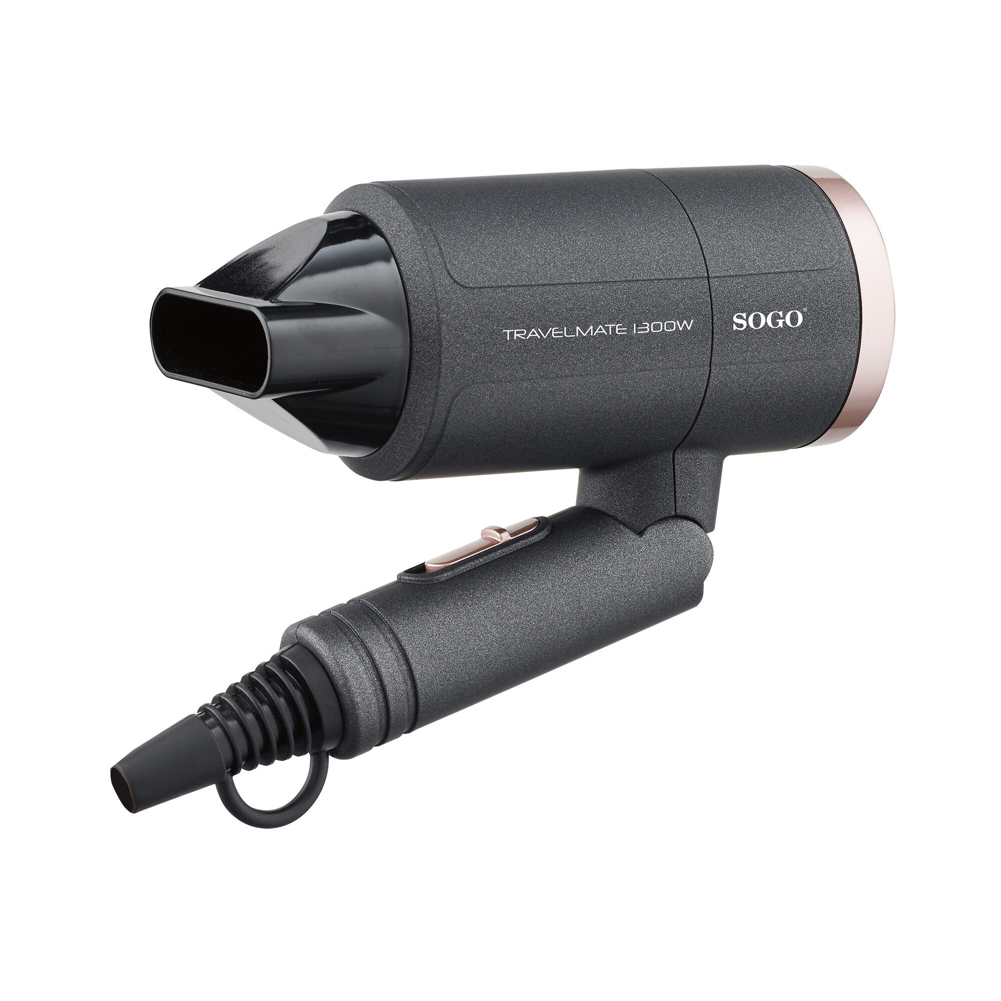 Un secador de pelo SOGO Travelmate 1300W negro y gris sobre fondo blanco. La boquilla es negra, el mango gris.