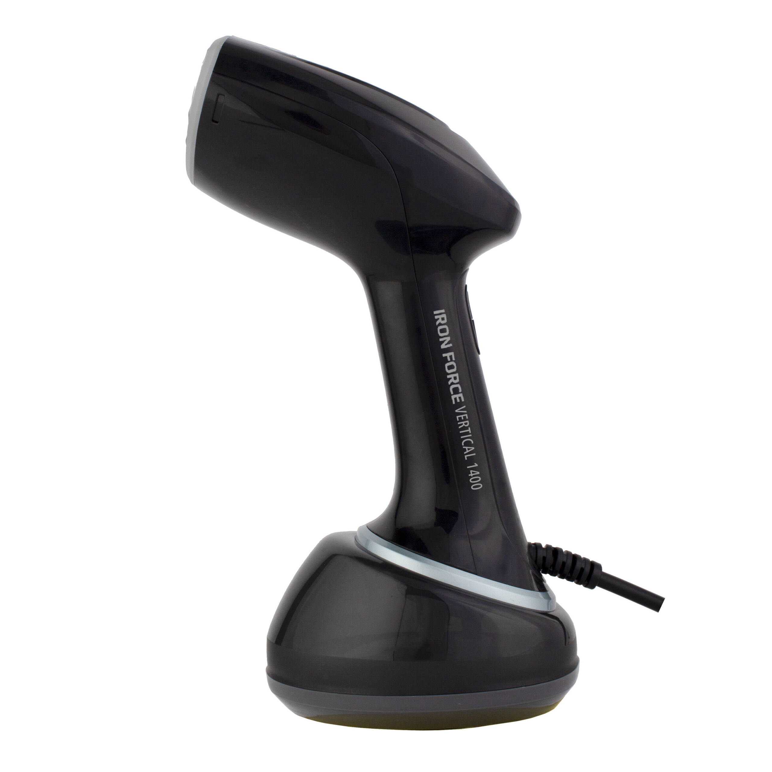 Un vaporizador Iron Force Vertical 1400 negro y plateado. La base es ovalada y el mango tiene la marca.