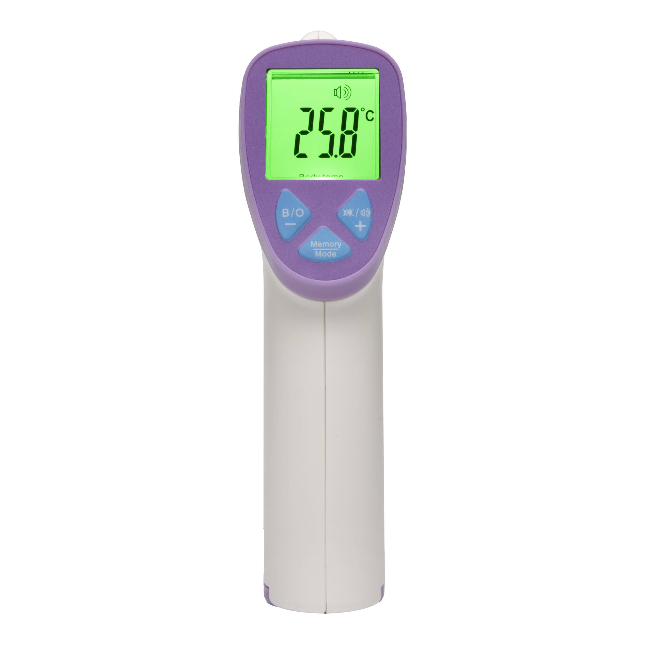 Un termómetro infrarrojo de mano muestra 25,8°C en una pantalla verde. Tiene botones y un mango blanco sobre un fondo blanco.