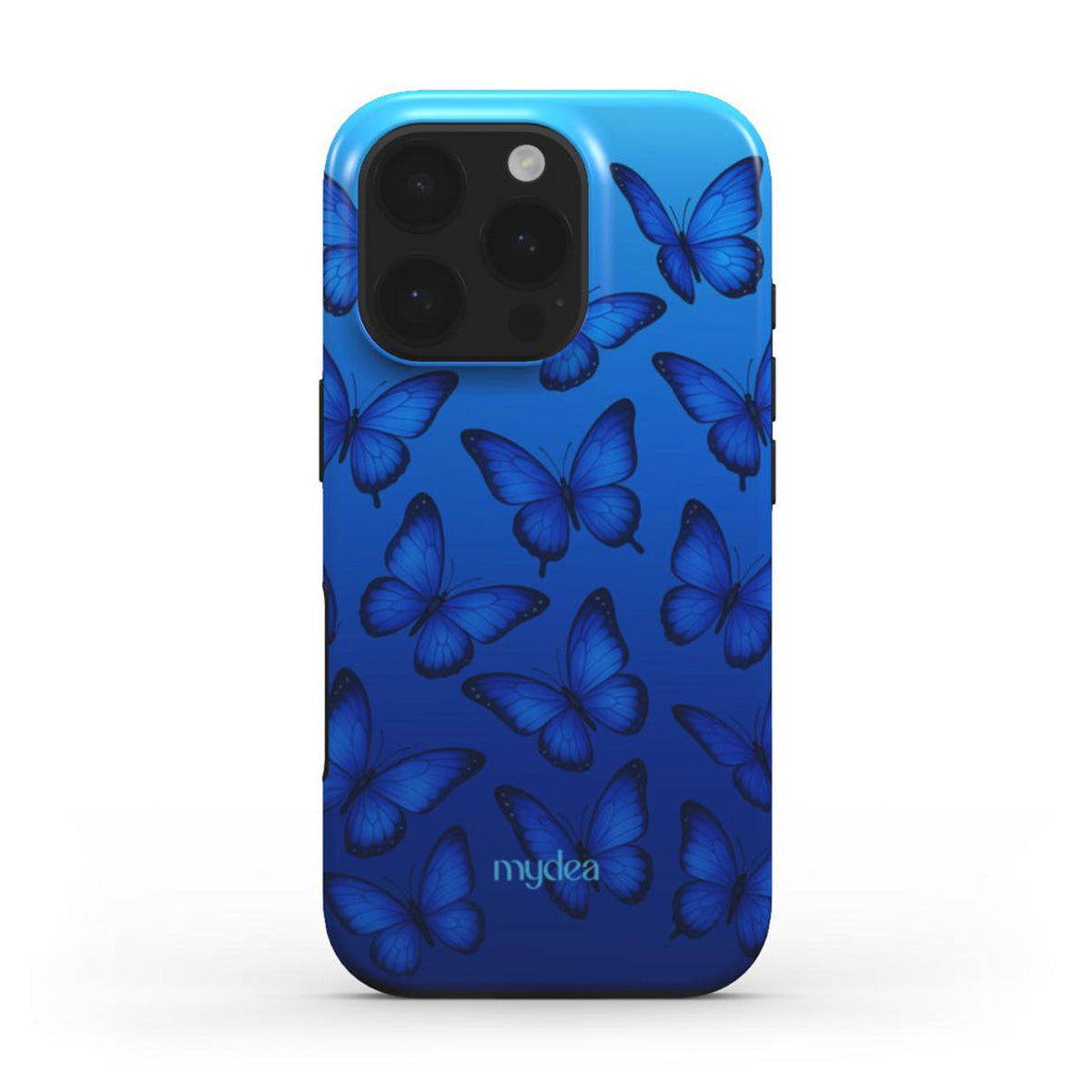 Custodia blu per telefono con motivo a farfalle. La custodia ha un gradiente da blu chiaro a scuro. Le lenti della fotocamera sono visibili.