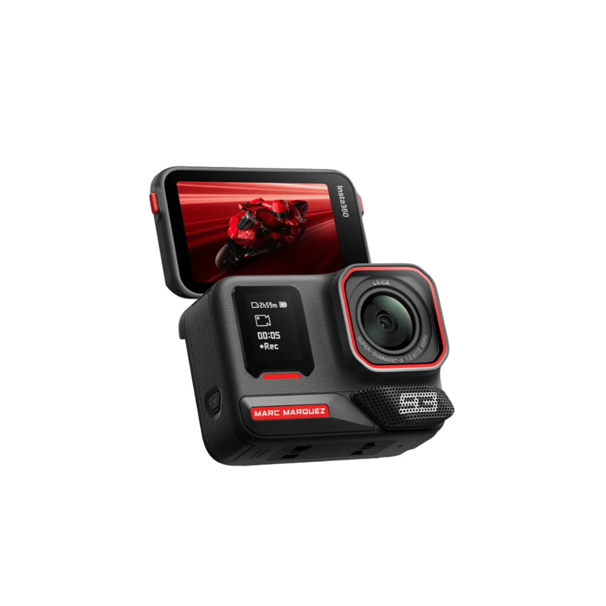 Cámara Insta360 negra con pantalla que muestra una moto roja. Detalles: lente Leica, marca Marc Márquez y estado de grabación.