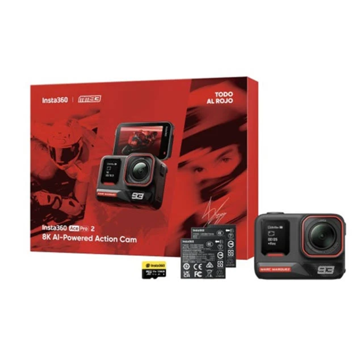 Una caja roja con una cámara Insta360, una cámara separada y accesorios. La caja tiene una imagen de un corredor de motos.