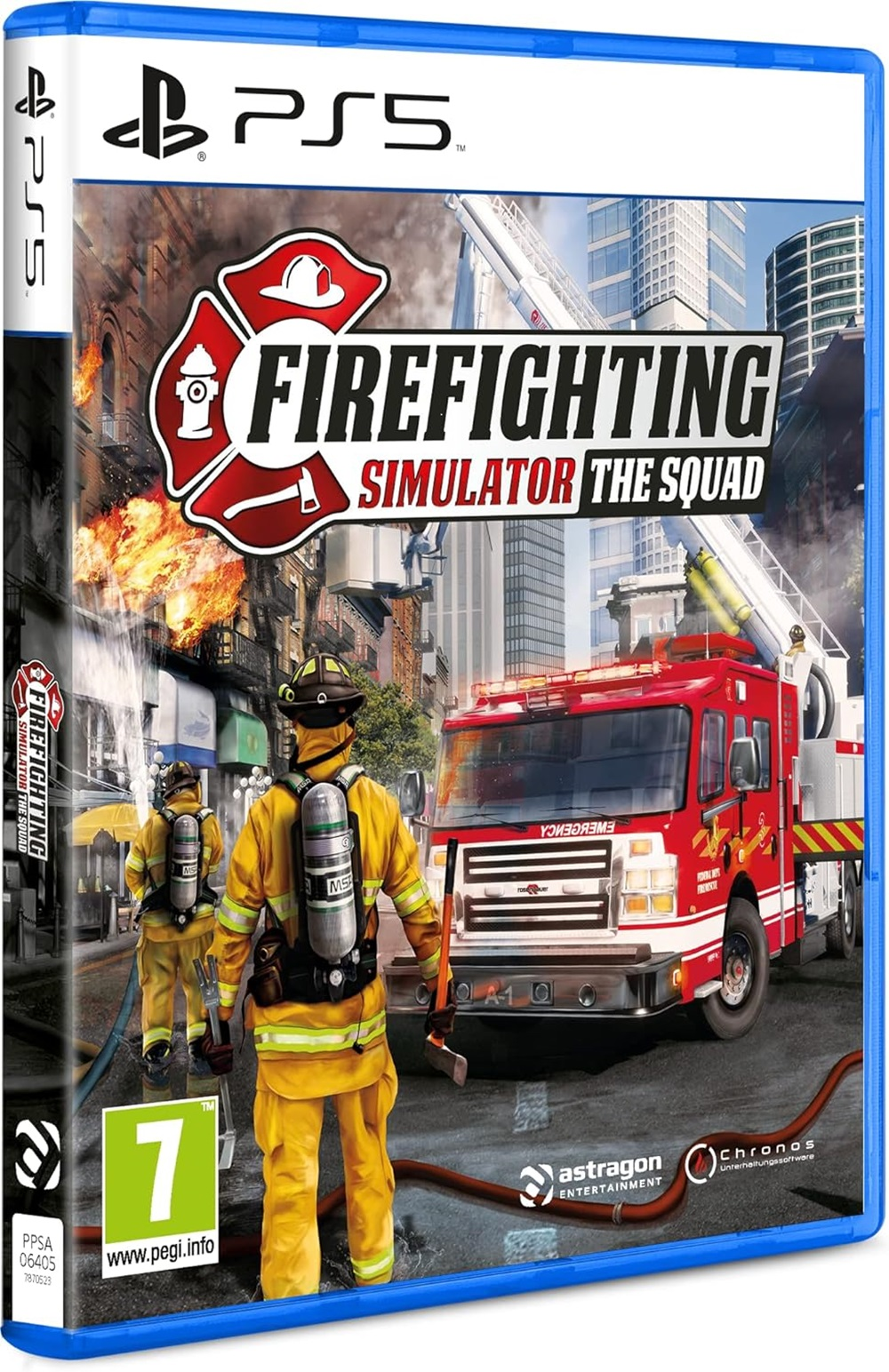 Okładka gry Firefighting Simulator. Strażacy w żółtych kombinezonach, czerwony wóz strażacki i płonący budynek.