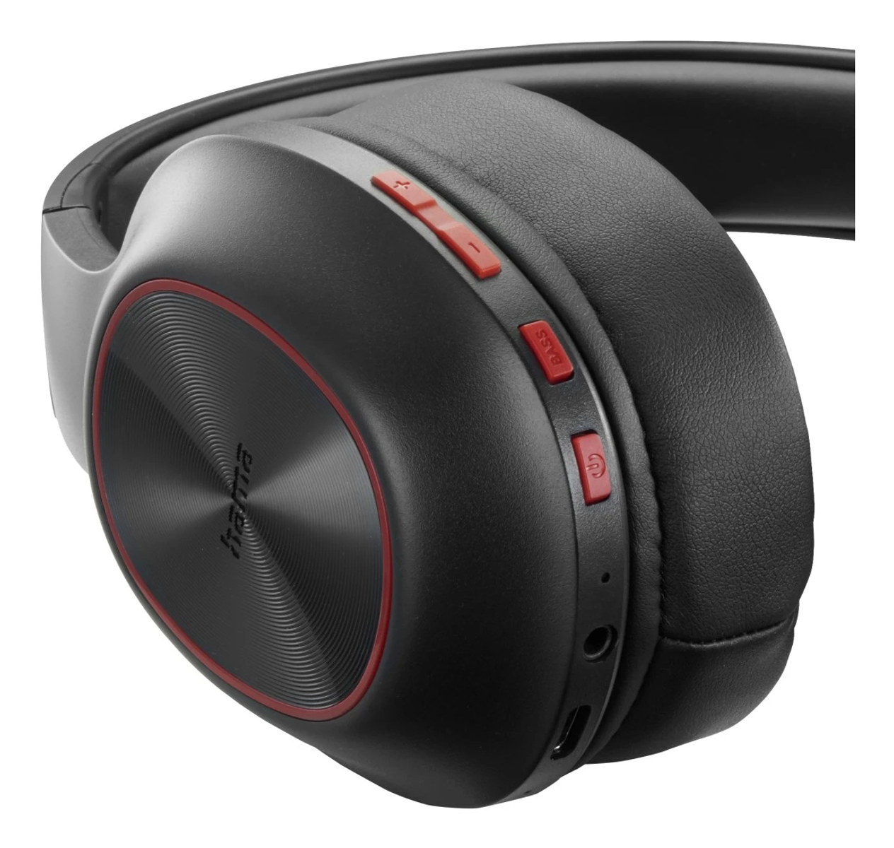 Czarne słuchawki z czerwonymi akcentami. Lewy nausznik ma teksturę, przyciski są na prawym.