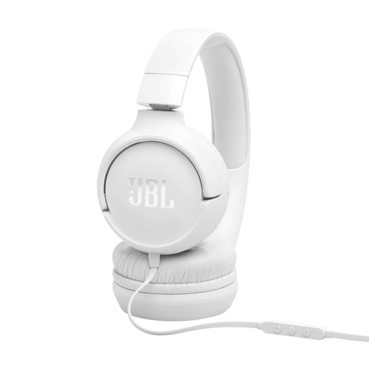 White JBL headphones with a cord and remote. The headphones are on a black background. The JBL logo is visible.