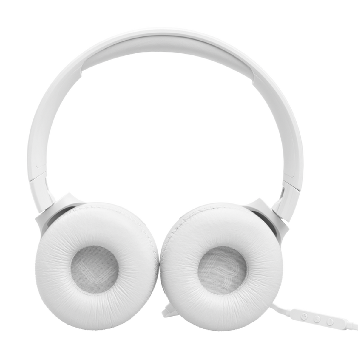 White headphones with a padded headband and ear cups. A white cable extends from the right earcup, with a control. Background is black.