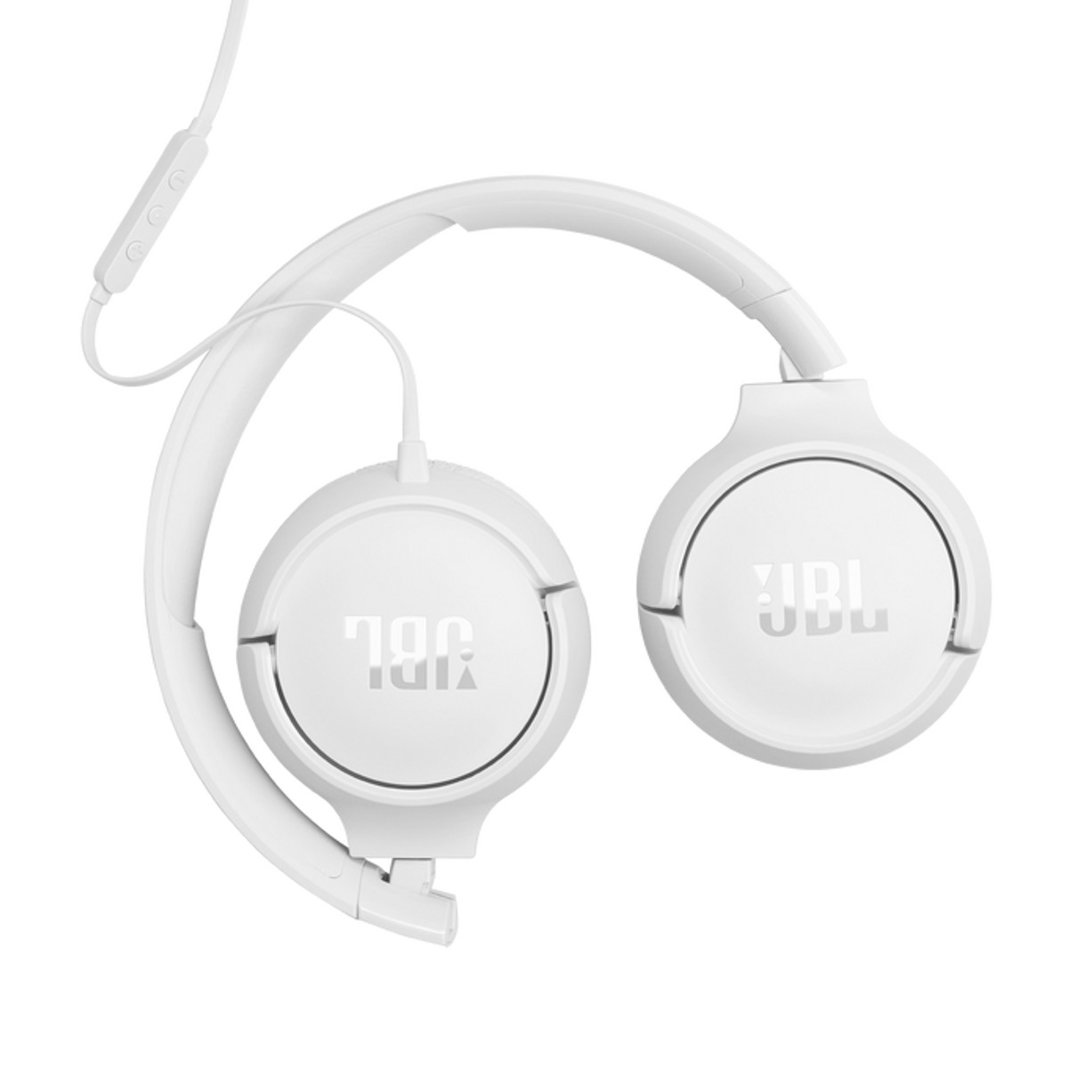 White JBL headphones with an over-ear design. The headphones have a white cable with a control panel and are set against a black background.