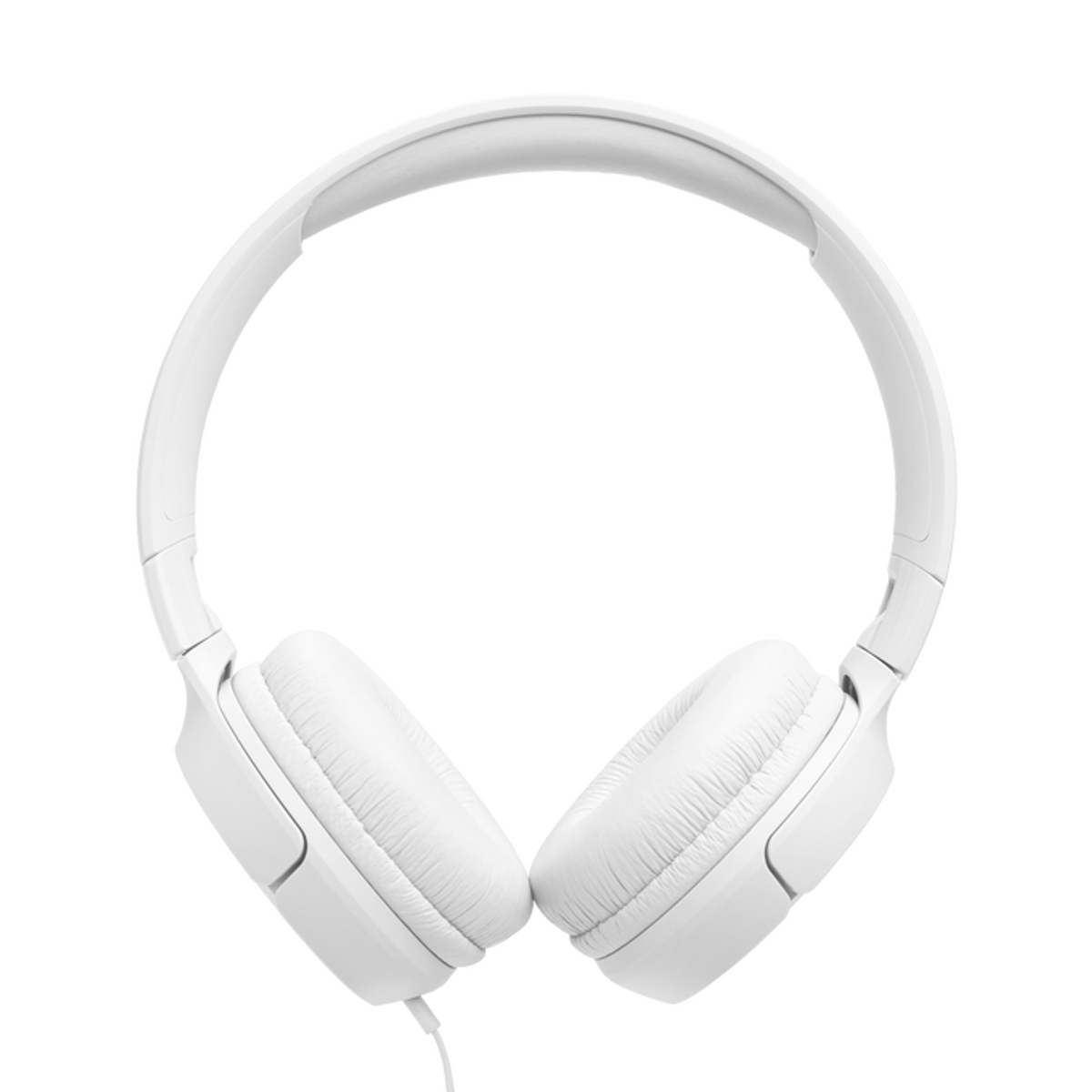 A pair of white headphones, with a padded headband and earcups, against a black background. A white cable dangles from the left earcup.