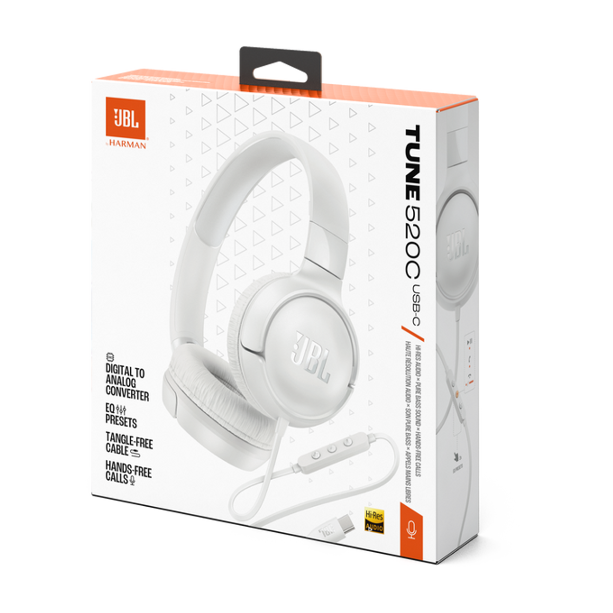 A white JBL Tune 520C USB-C headphones box. The box shows the headphones and features: Hi-Res audio, pure bass, tangle-free cable.