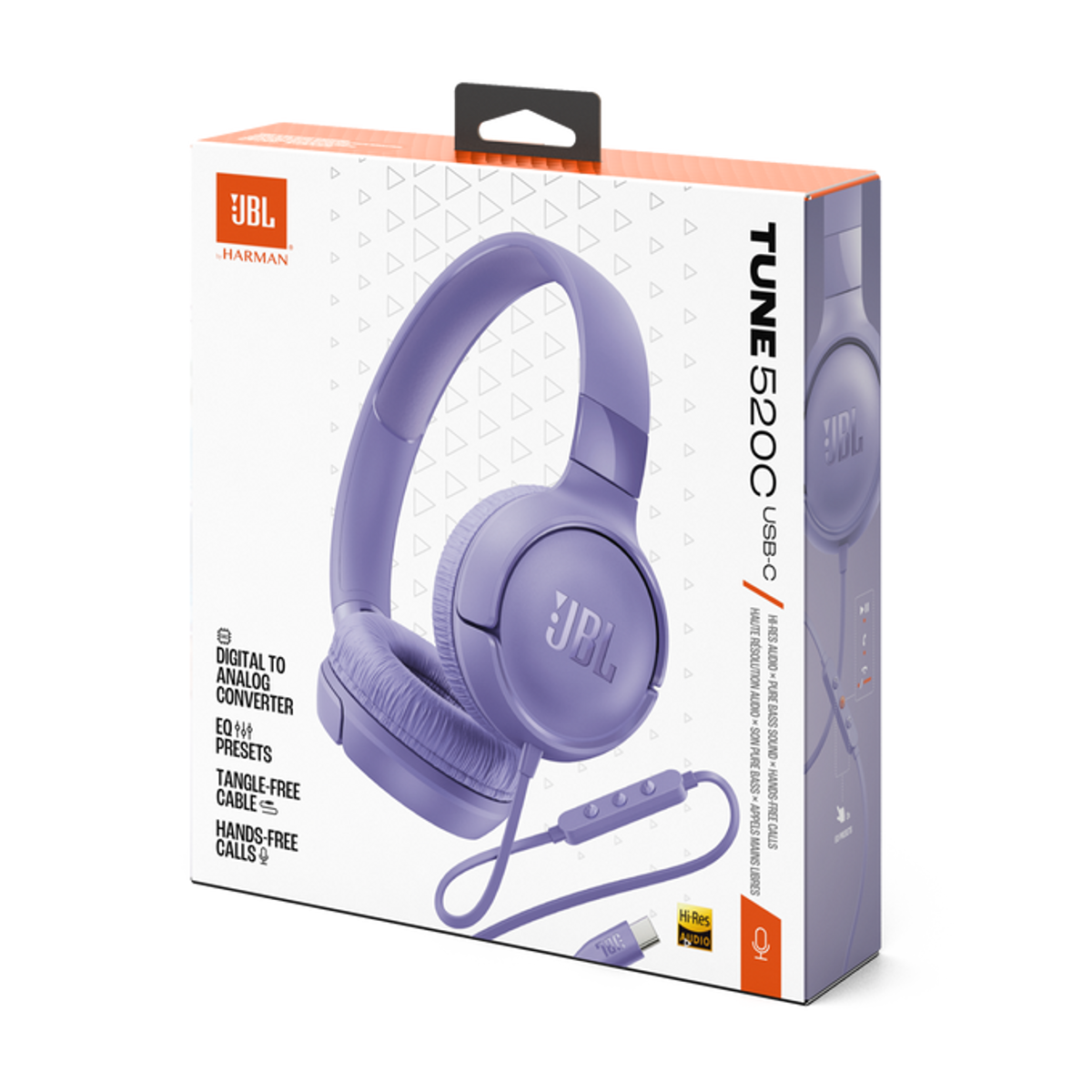 Eine Schachtel mit lila JBL Tune 520C Kopfhörern. Die Schachtel hat das JBL-Logo und Funktionen wie Digital-Analog-Wandler.
