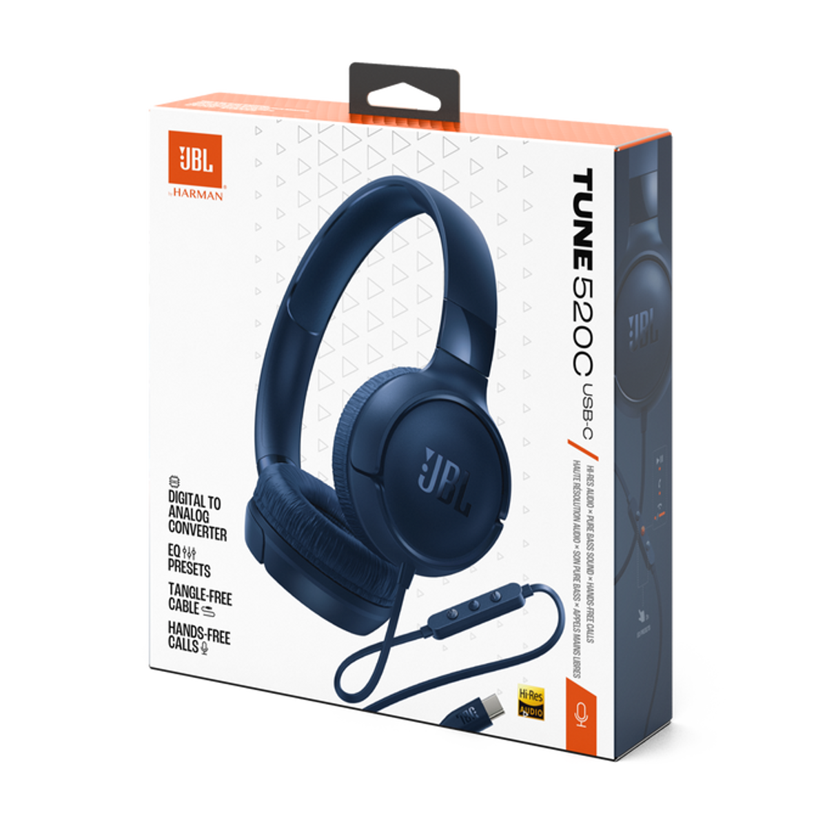 Eine blaue JBL Tune 520C USB-C Kopfhörerbox. Kopfhörer sind in der Box sichtbar, zusammen mit einigen Funktionen wie Hi-Res Audio.