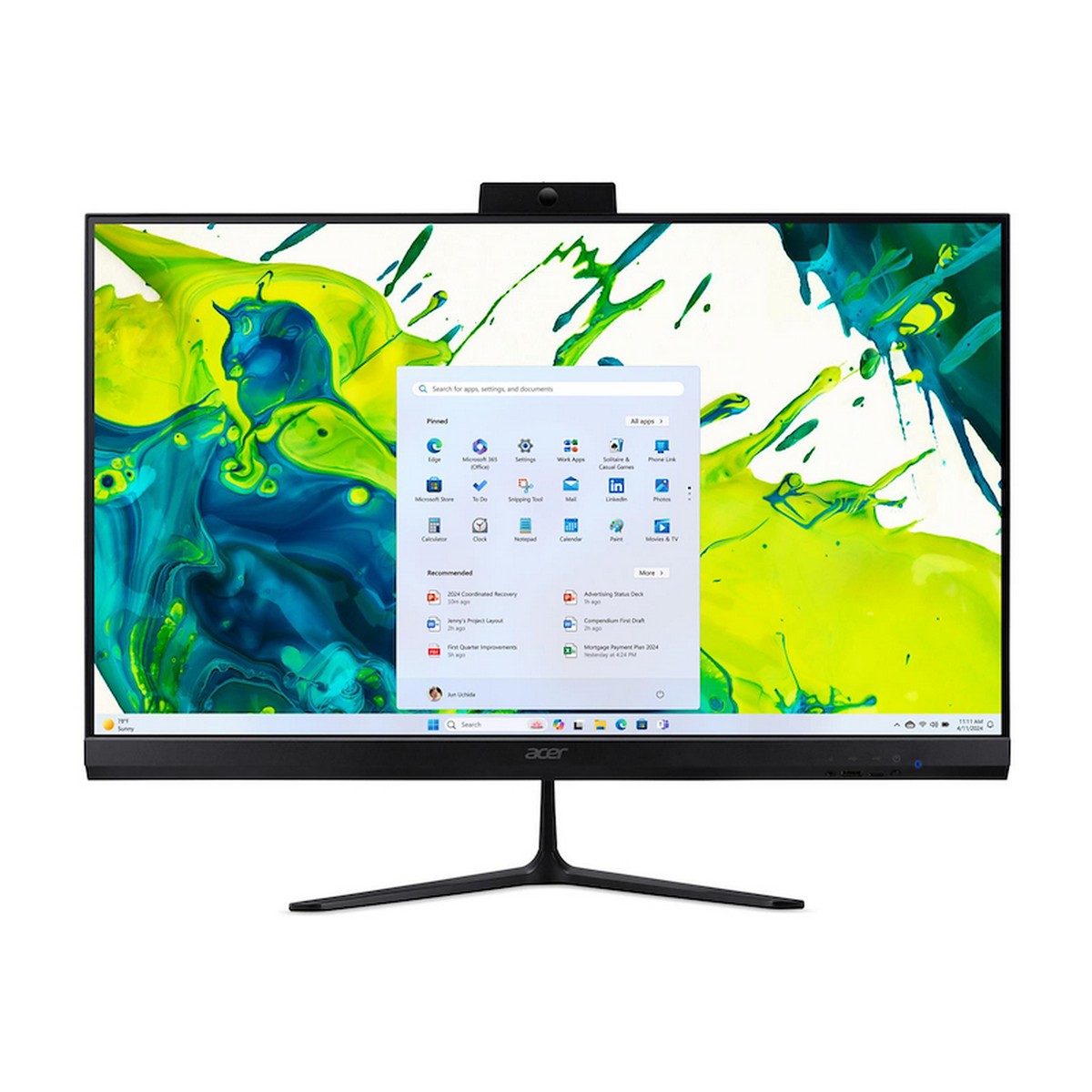 Un monitor Acer negro que muestra una interfaz de Windows 11 con iconos de aplicaciones. La pantalla muestra arte abstracto con pintura verde y azul.