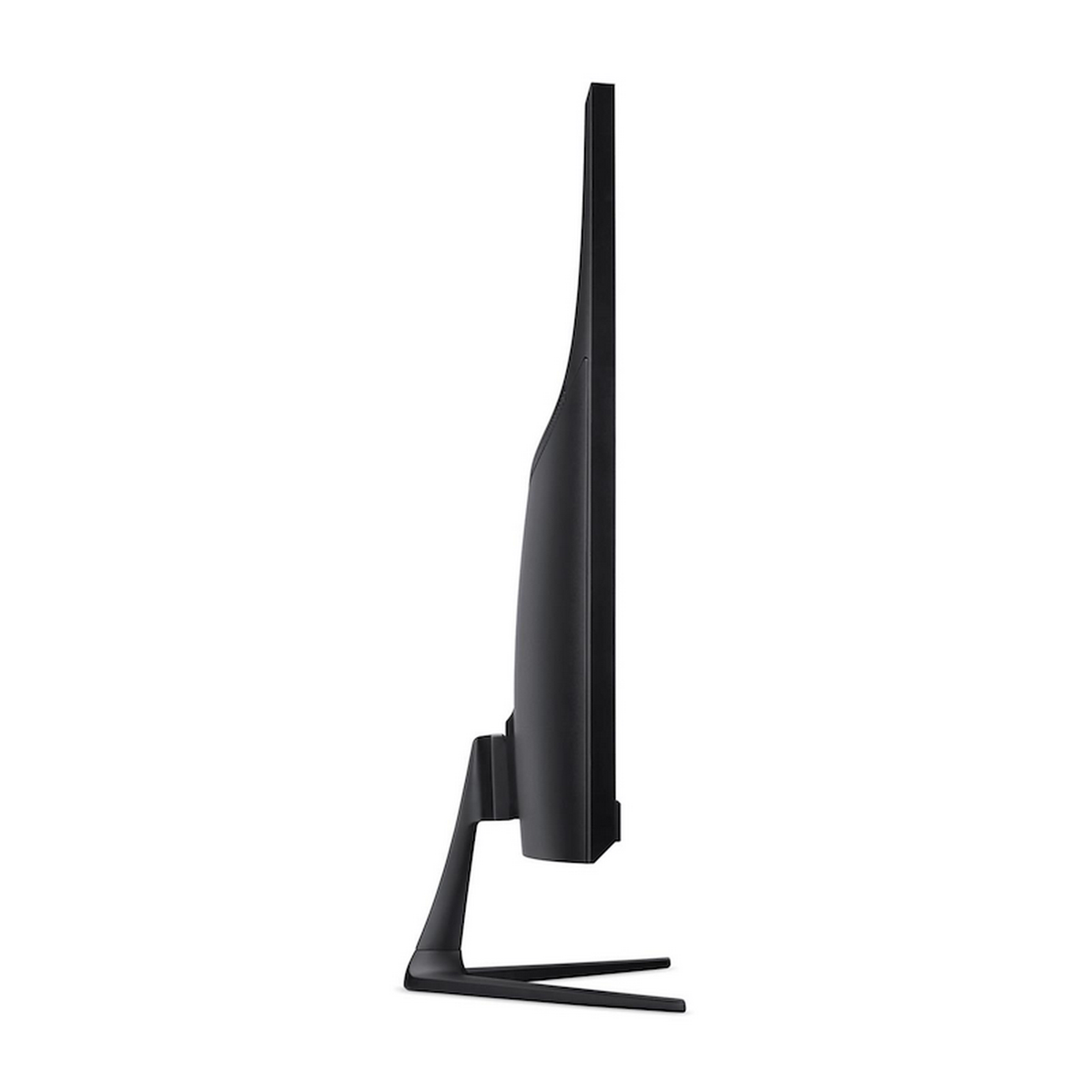 Un monitor de computadora negro visto de lado. Tiene un bisel delgado y un soporte con dos patas anguladas.