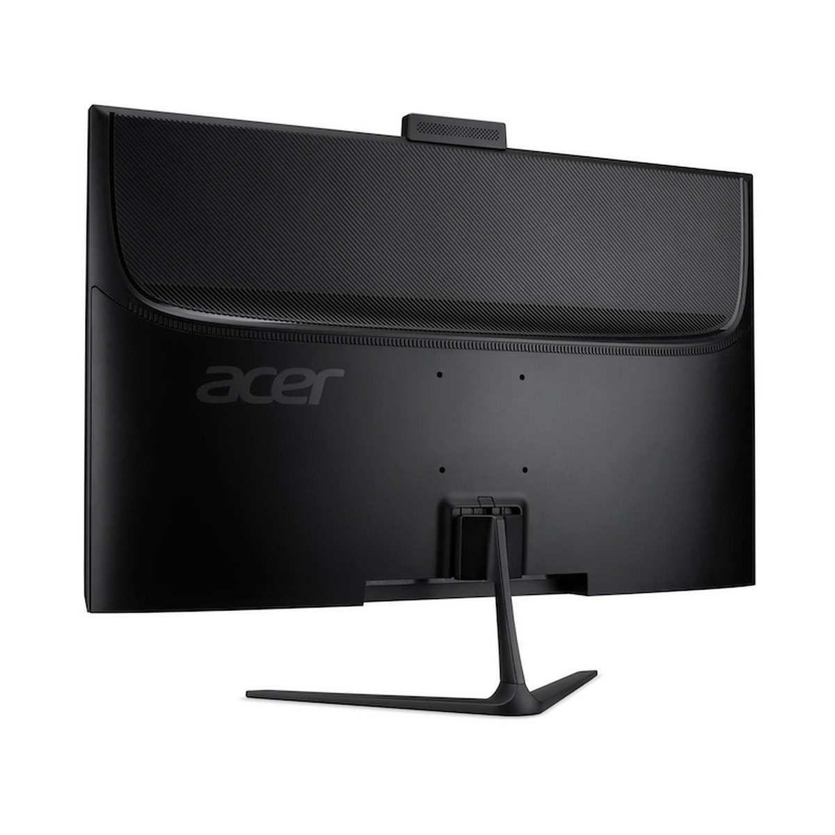 Un monitor Acer negro, visto desde atrás. Tiene una webcam integrada y un soporte. El logotipo de Acer es visible.