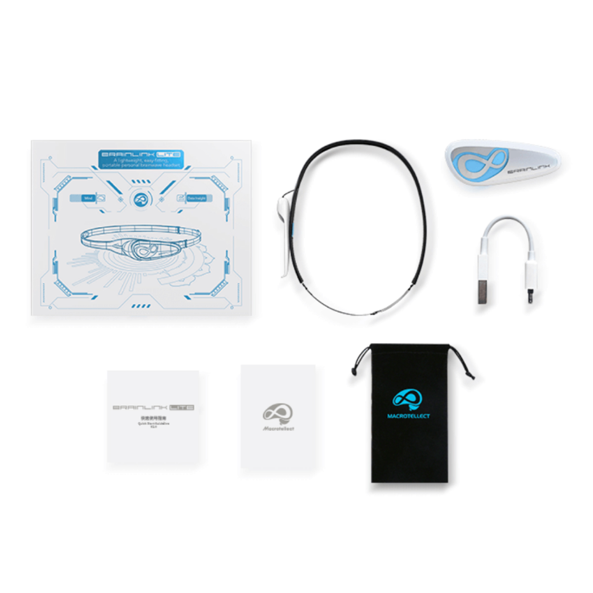 Eine Draufsicht auf ein Brainlink Lite-Set. Es enthält ein Stirnband, einen kleinen Beutel, ein Ladekabel und weiteres Zubehör.