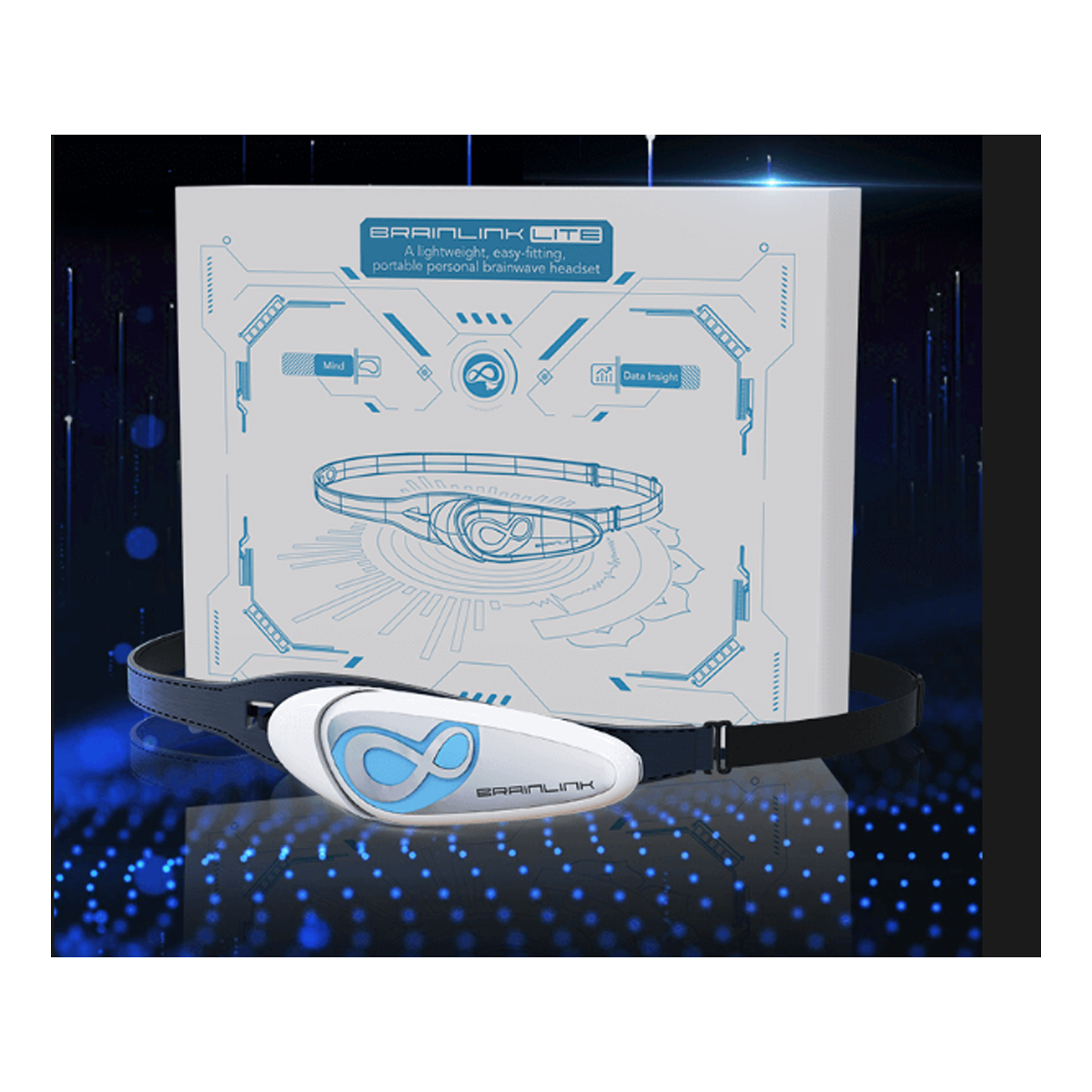 Eine weiße Schachtel mit einer Headset-Diagramm und ein weißes und blaues Headset davor. Auf der Box steht 'BRAINLINK LITE'.