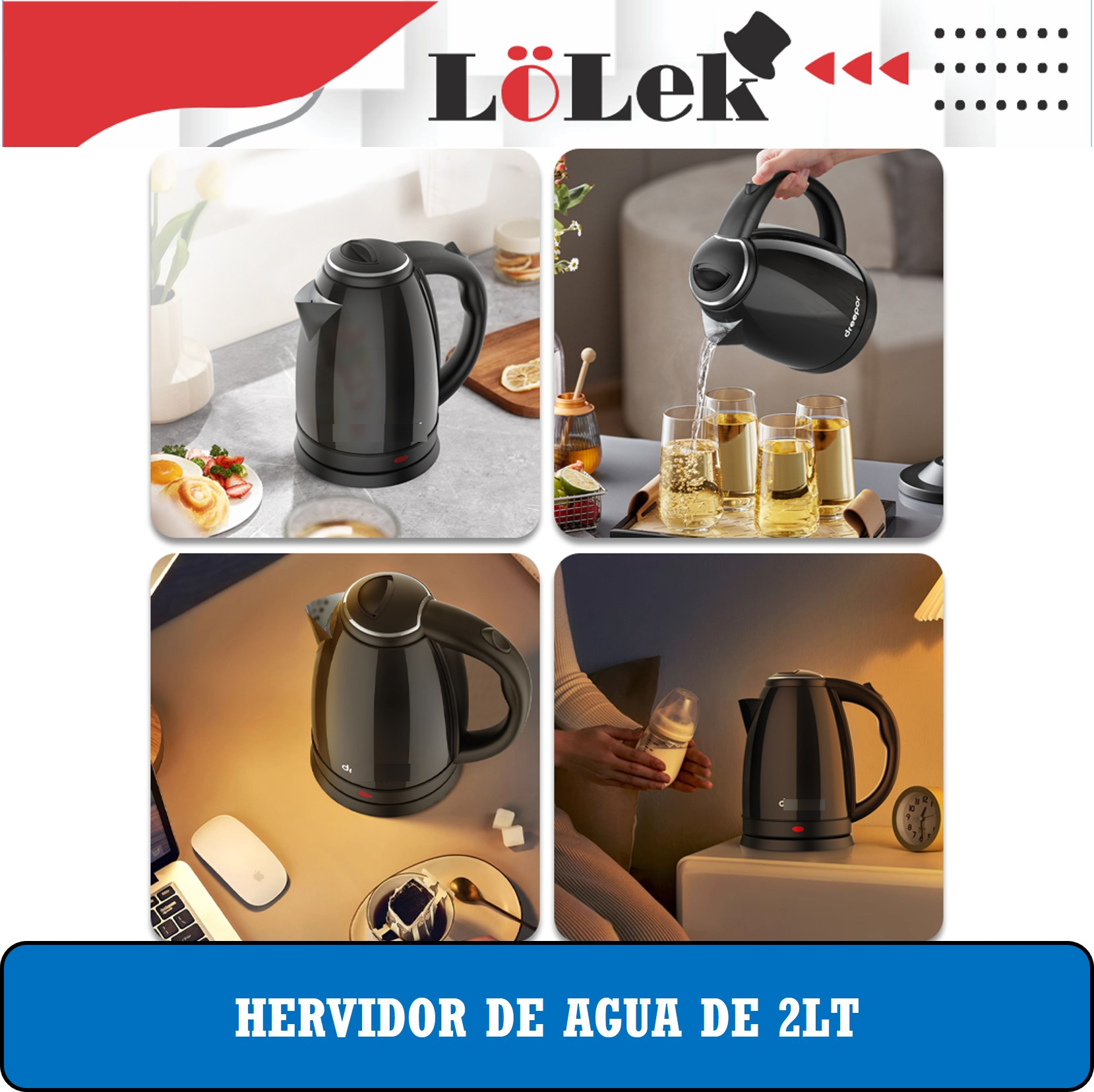 Hervidor eléctrico negro en varios entornos. Muestra vertiendo agua, cerca de comida y junto a un biberón.