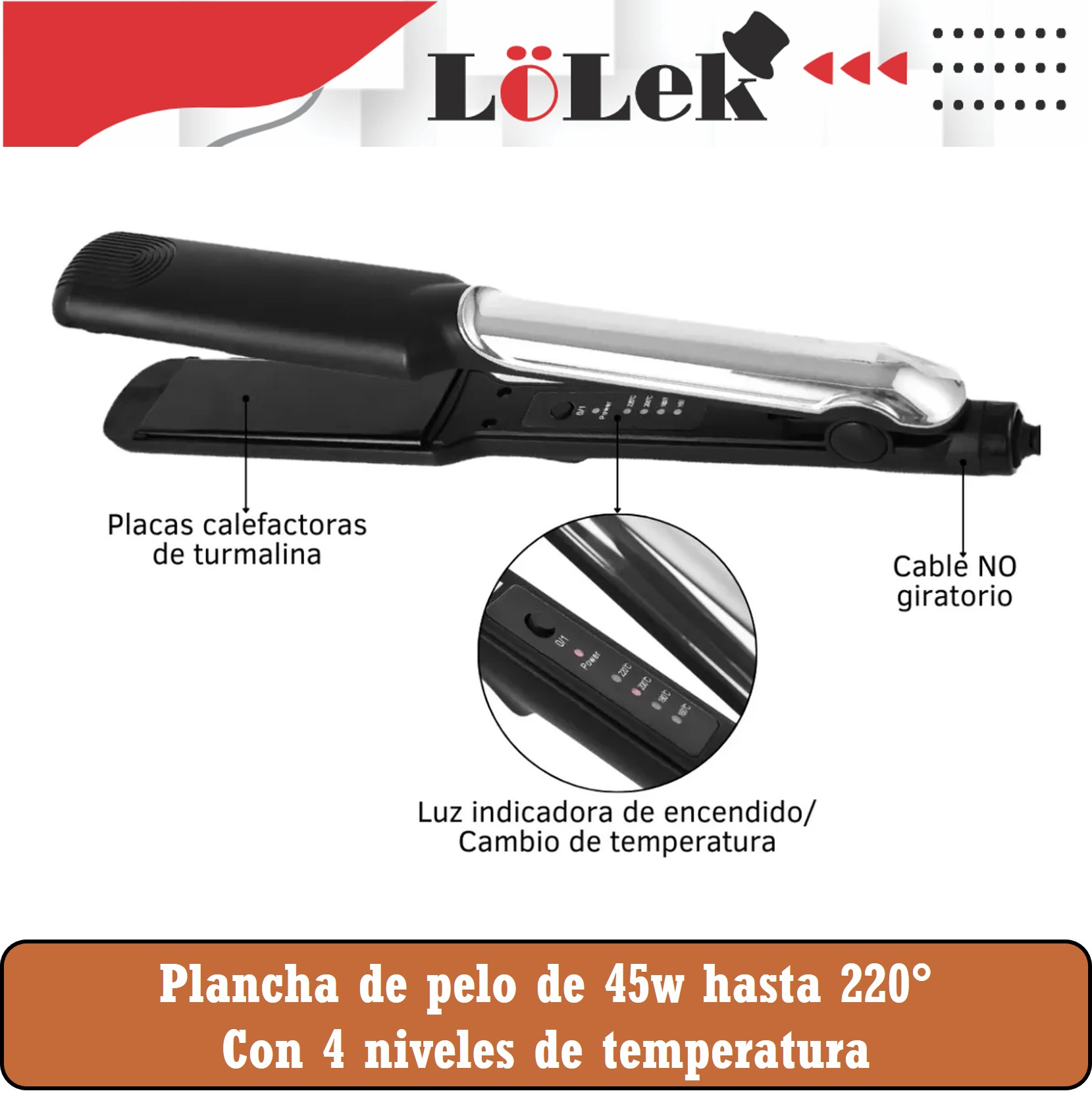 Una plancha de pelo negra con la parte superior plateada. Tiene ajustes de temperatura y está etiquetada con texto en español.