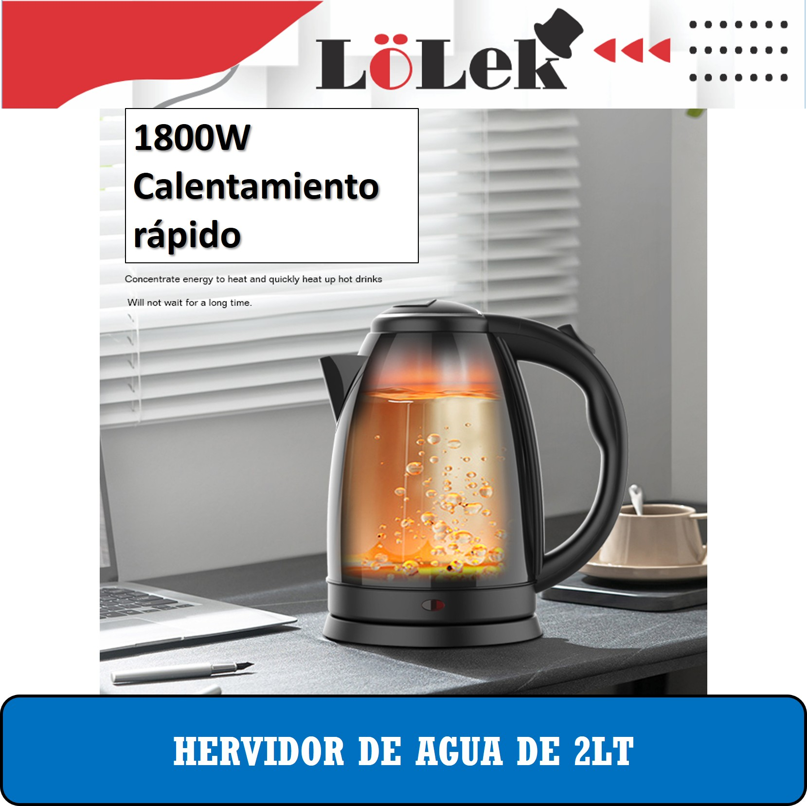 Hervidor eléctrico negro, lleno de agua, con un interior naranja brillante. Está sobre un escritorio. Texto en la imagen.