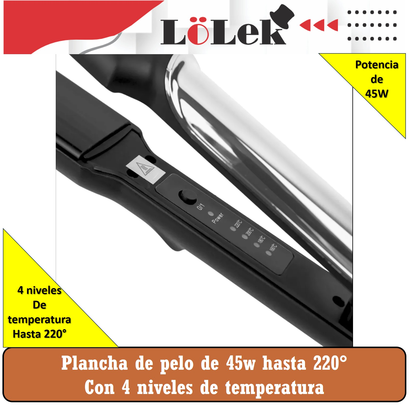Plancha de pelo negra con ajustes de temperatura. Tiene un botón de encendido y una señal de advertencia. El texto dice 'Lölek'.