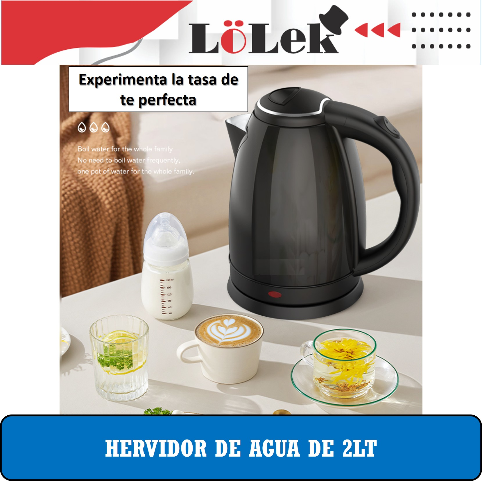 Una tetera eléctrica negra, un biberón, café y té están sobre una mesa blanca. El texto dice 'agua para toda la familia'.