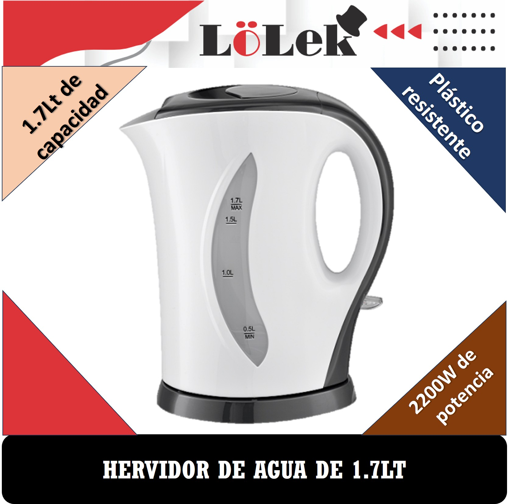 Hervidor eléctrico blanco con detalles negros. Tiene capacidad de 1.7L y potencia de 2200W. La imagen tiene texto en español.