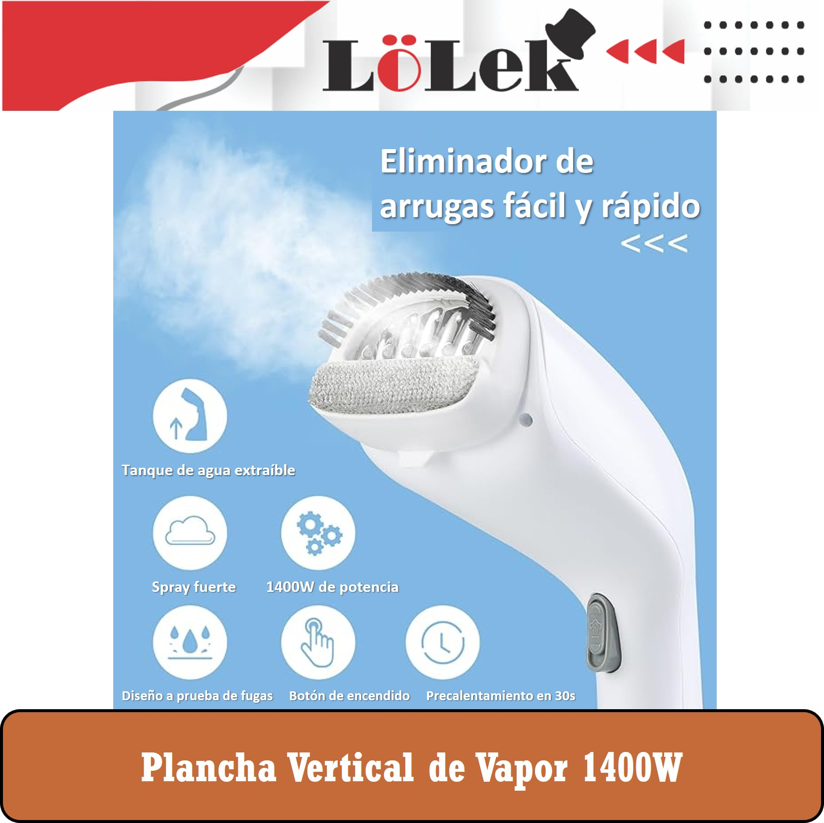 Una plancha de ropa blanca con vapor saliendo. El texto dice 'Eliminador de arrugas' y se muestran otras características.