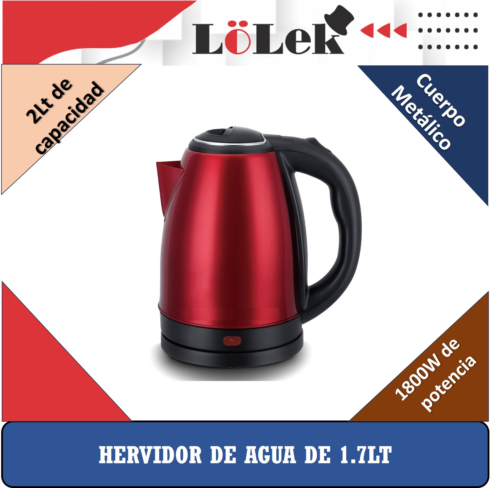 Una tetera eléctrica roja con asa y base negras. El texto detalla la capacidad, la potencia y el nombre de la marca.