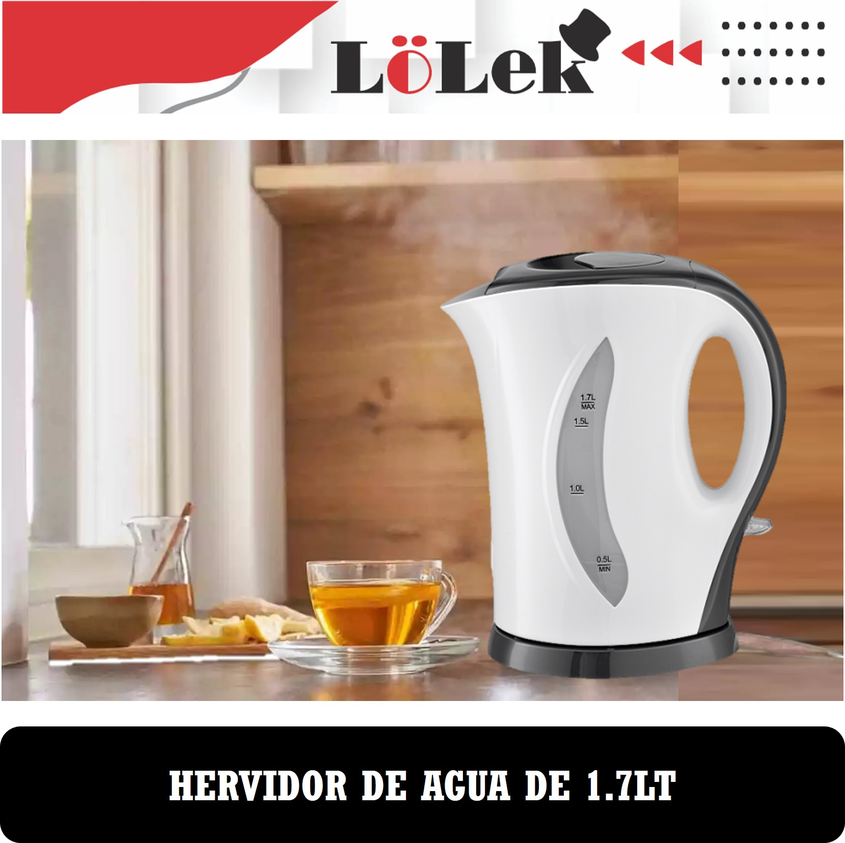 Una tetera eléctrica blanca con vapor, una taza de té y otros artículos de cocina están sobre una mesa, con un logo arriba.