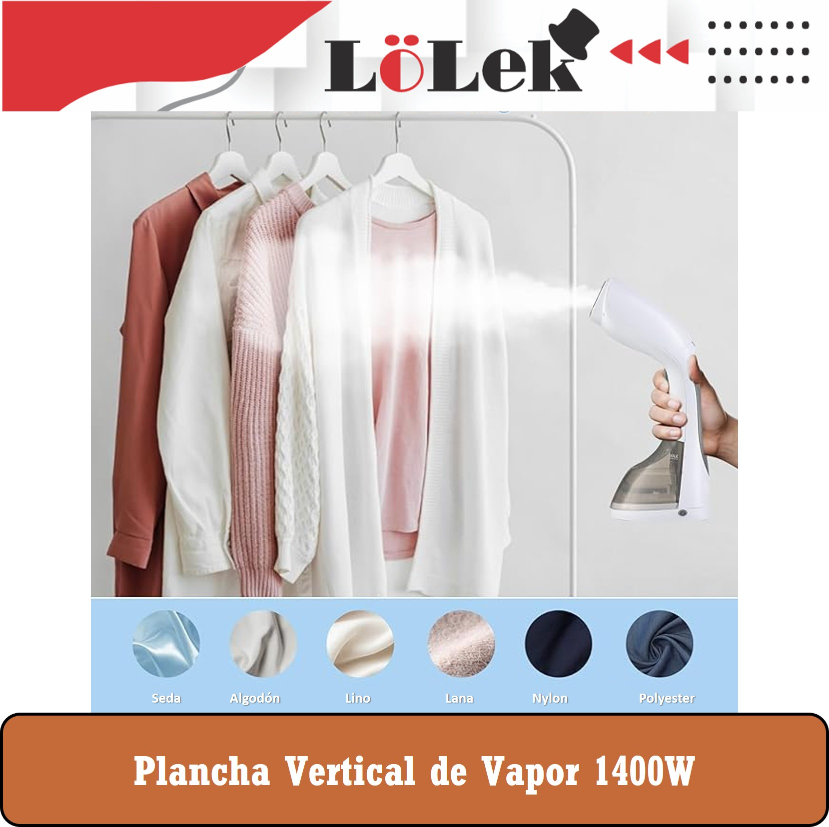 Ropa colgada en un estante se está planchando con un vaporizador blanco de mano. Muestras de tela abajo.