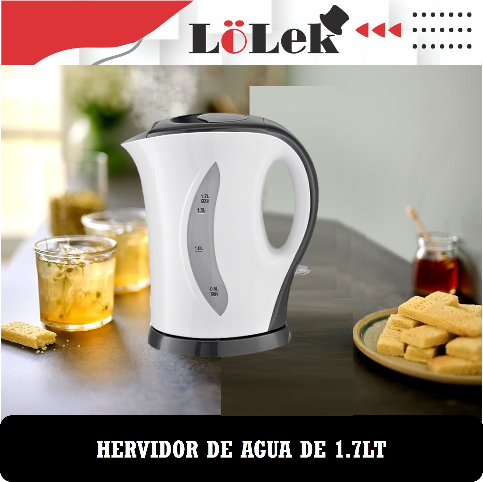 Una tetera eléctrica blanca con vapor, té y galletas en una mesa. El fondo muestra un logotipo y el texto 'HERVIDOR DE AGUA DE 1.7LT'.