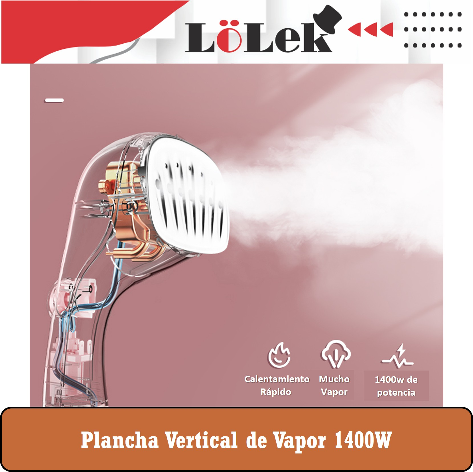 Una plancha de vapor transparente con cabezal blanco, sale vapor. Texto: Calentamiento Rápido, Mucho Vapor, 1400w de potencia.