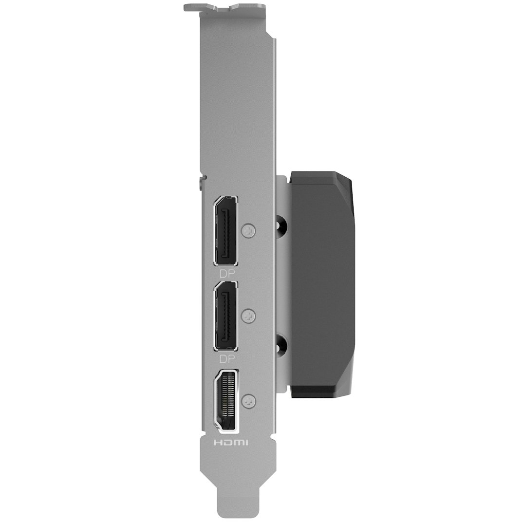 Srebrna karta graficzna z trzema portami oznaczonymi DP i HDMI. Z prawej strony przymocowany jest czarny element z tworzywa sztucznego.