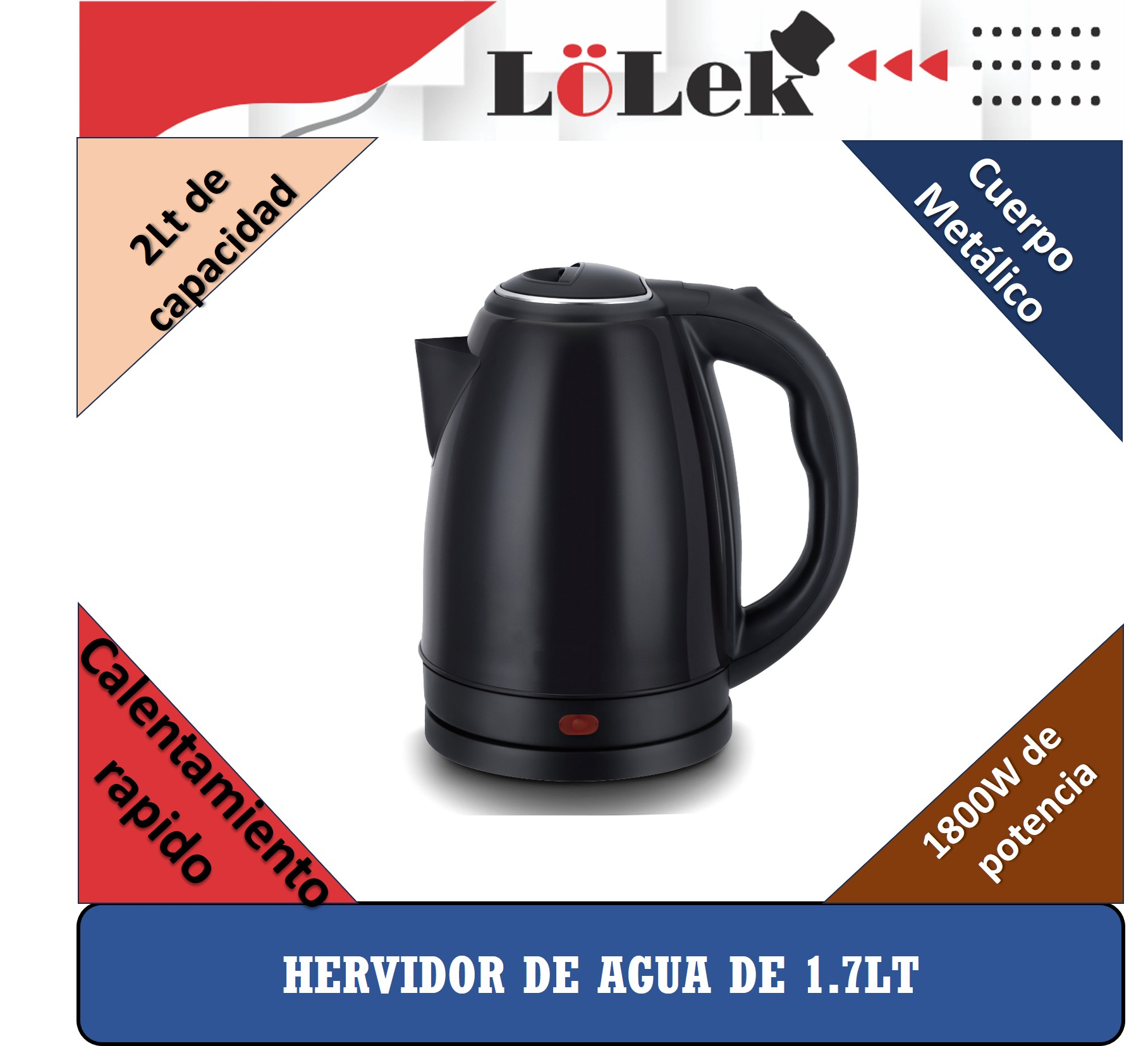 Hervidor eléctrico negro con asa, botón rojo y texto en español. Tiene una capacidad de 2L y 1800W de potencia.