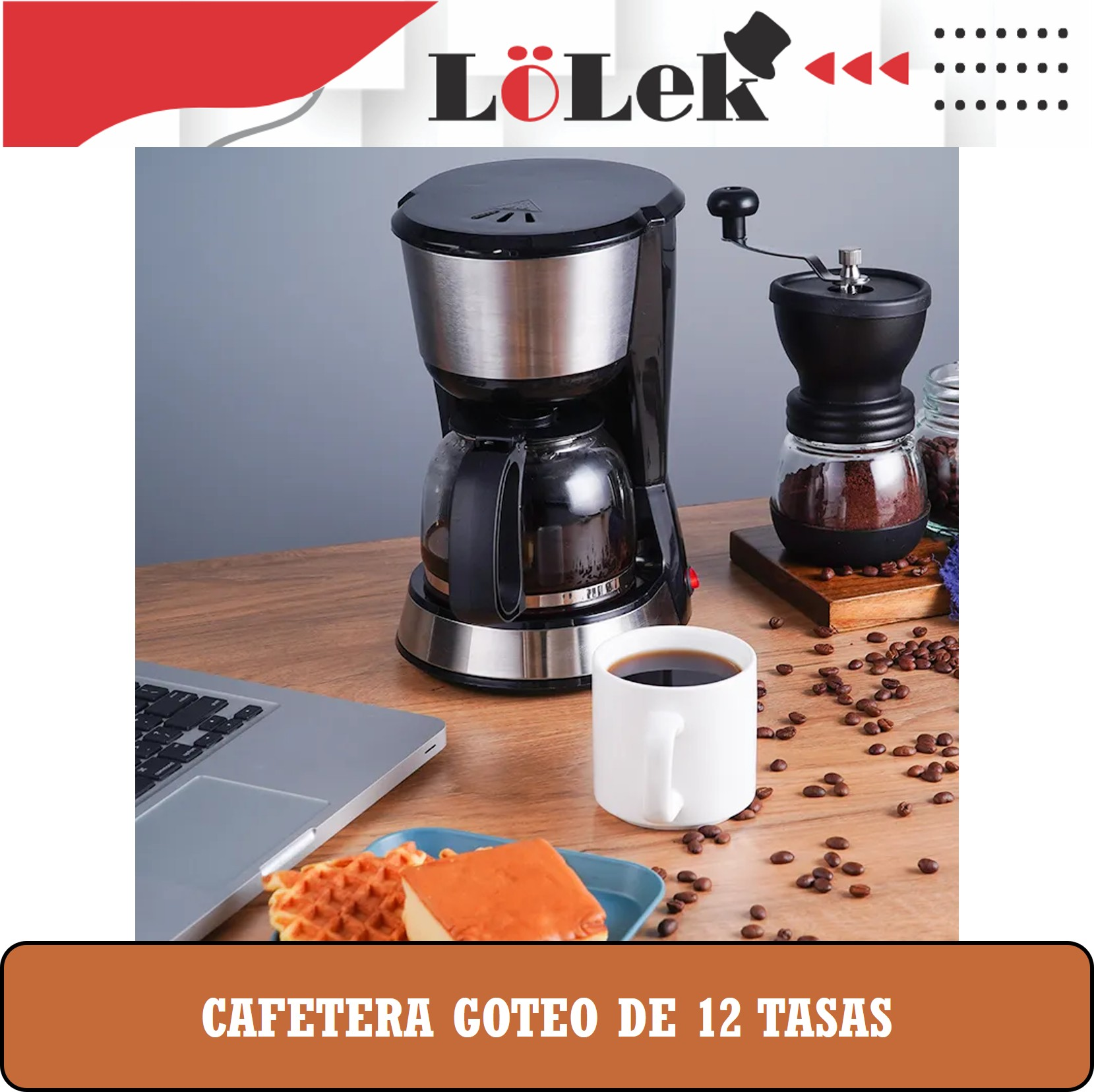 Cafetera, molinillo, taza de café, portátil, gofres y pastel en una mesa de madera. Granos de café esparcidos.