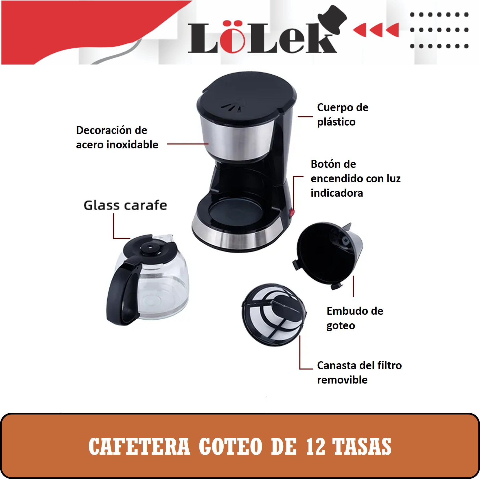Una cafetera de goteo negra y plateada con una jarra de vidrio y una cesta de filtro extraíble. El texto dice 'CAFETERA GOTEO DE 12 TASAS'.