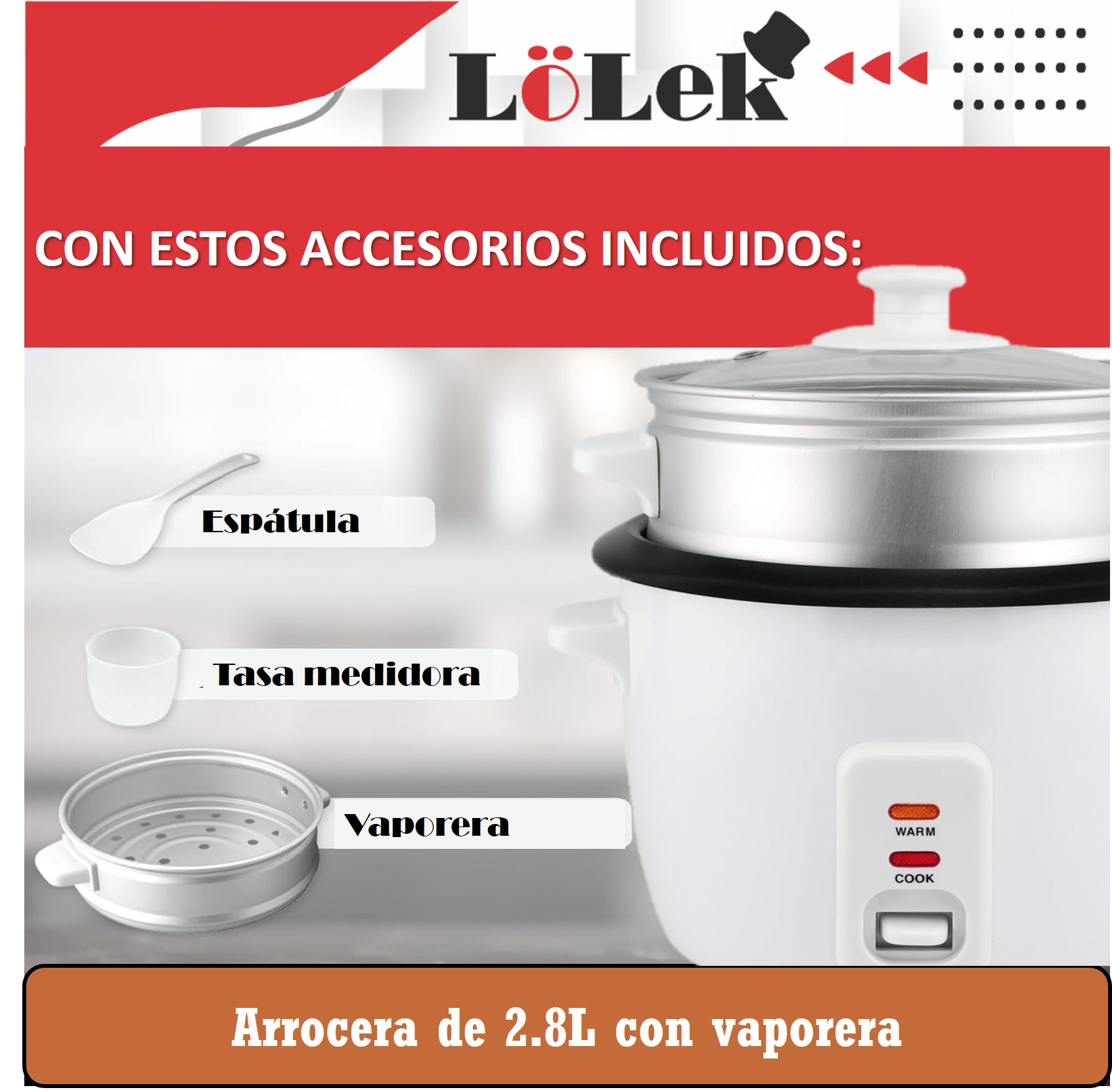 Una arrocera blanca con accesorios: espátula, taza medidora, vaporera. Texto: Arrocera de 2.8L con vaporera.