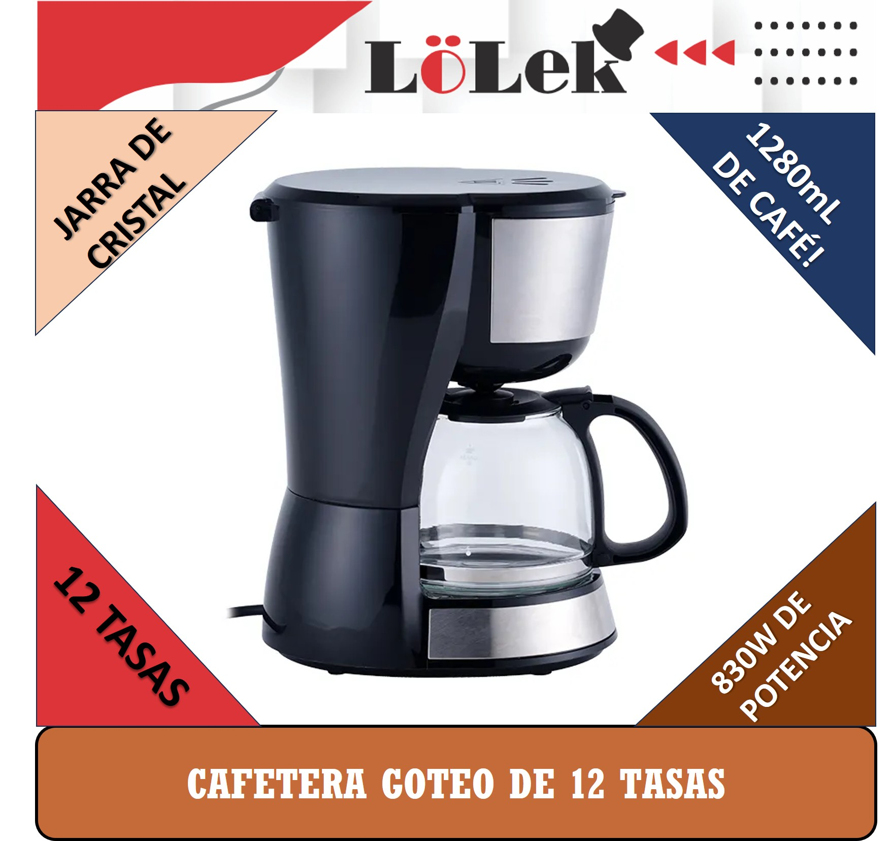 Cafetera negra con jarra de vidrio y detalles plateados. Características: capacidad para 12 tazas y potencia de 830W.
