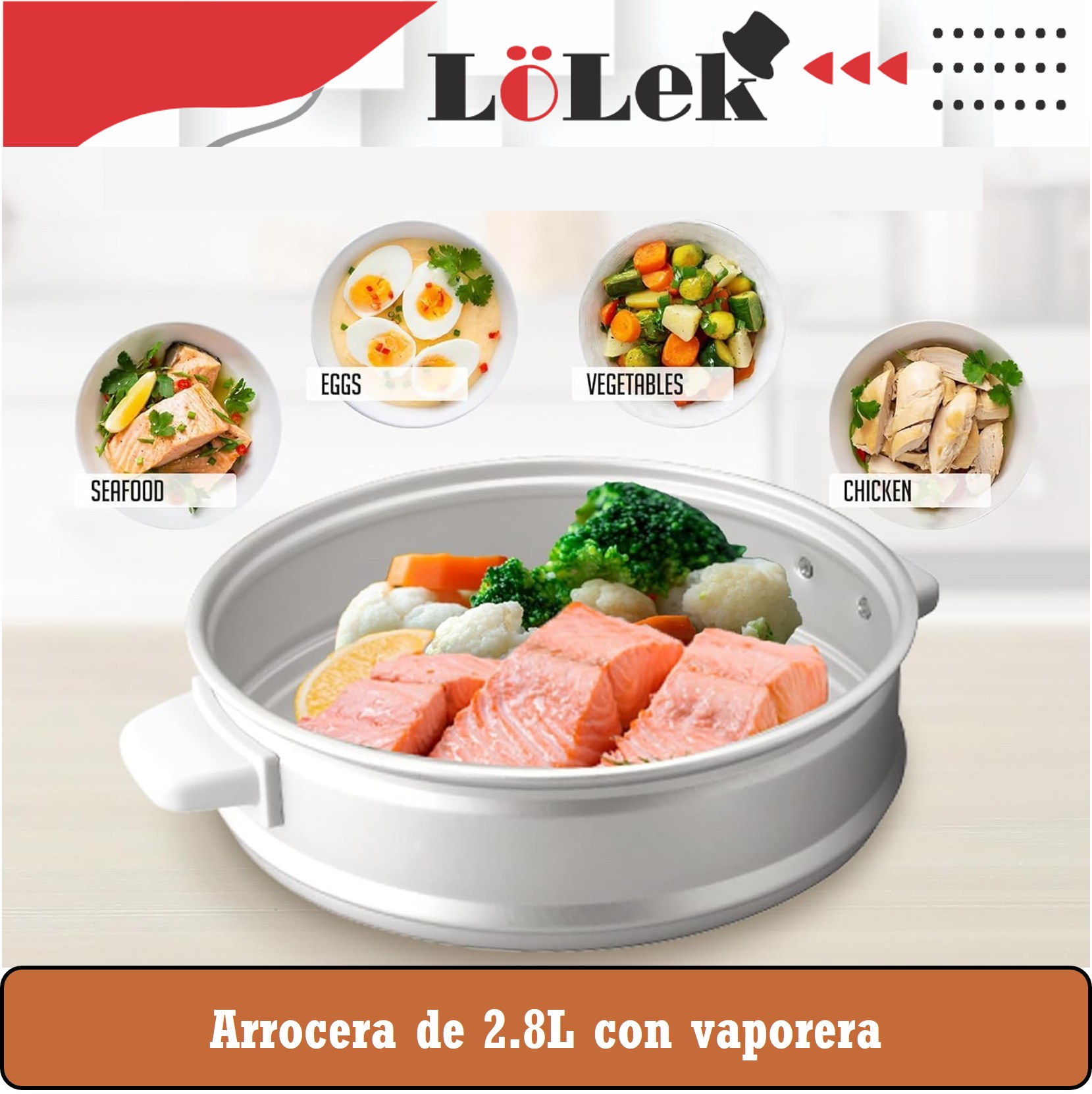 Una vaporera con salmón, verduras y otros platos. Logotipo de la marca y etiquetas de texto para diferentes alimentos.