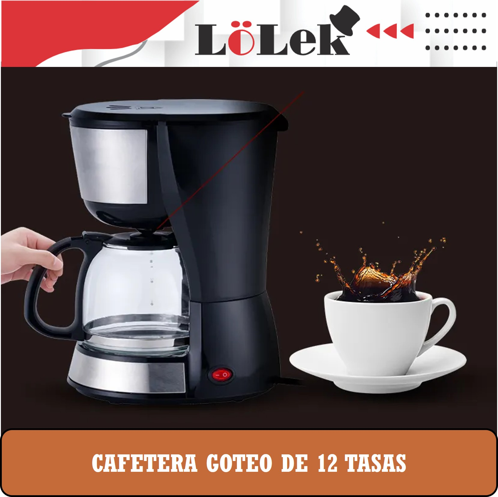 Una cafetera negra con una jarra de vidrio. Una taza de café con salpicaduras está al lado. Texto: 'Cafetera goteo de 12 tazas'.