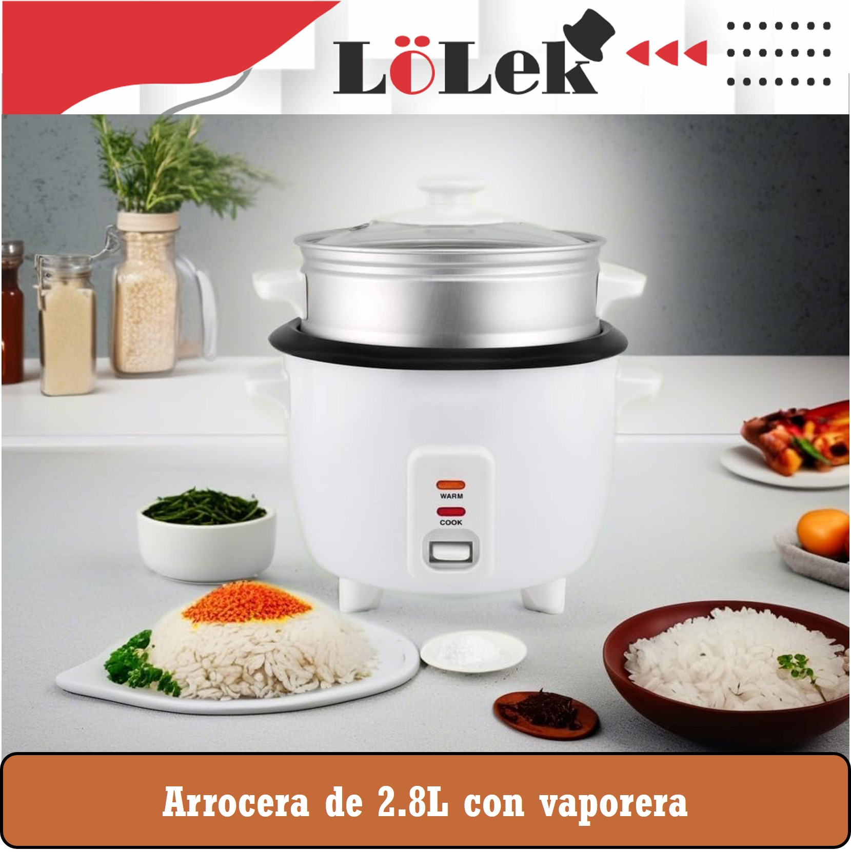 Arrocera blanca con vaporera encima. Arroz y otros alimentos están a un lado. La imagen tiene un logo.