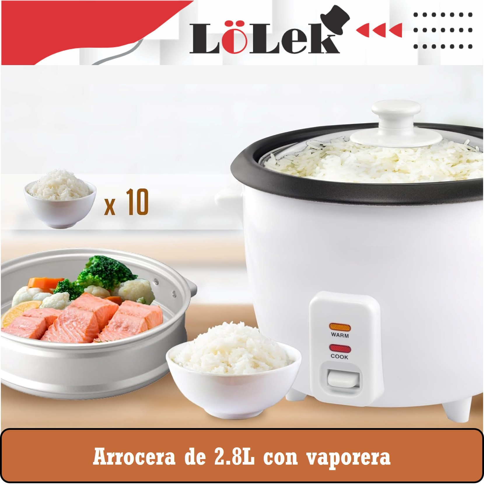 Una arrocera blanca con arroz dentro. Un vaporizador con verduras y salmón debajo. Hay cuencos de arroz.